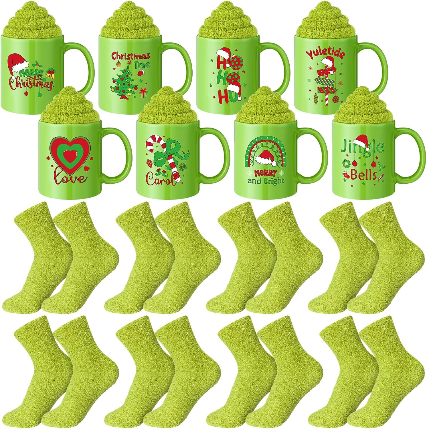 Kinlop 8 Set Christmas Mug Gift Set Include Ceramic Christmas Coffee Mugs 12 oz Xmas Green Fuzzy Socks Gift Bags and Ribbons DIY Mug Ideas for Women Xmas Winter Birthday Gifts