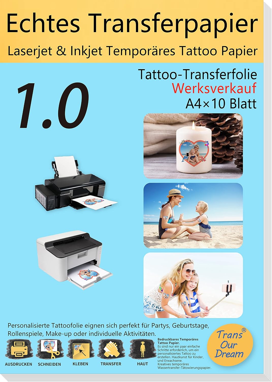 TransOurDream A4X10 Sets, Inkjet/Laser Tattoo Papier Matt DIY Tattoo Folie Zum Bedrucken,für Kerzen,Tattoo Temporäres Transfer,Decal Papier für Tintenstrahldrucker/Laserdrucker,Tattoo Tranferfolie