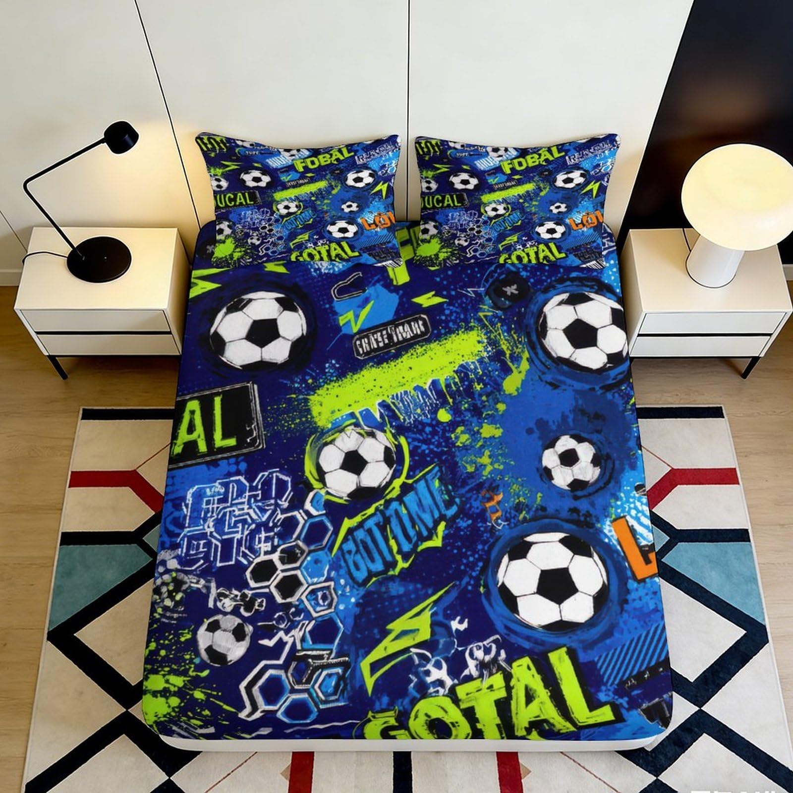 Jqzkxnhpbr Style-8 3D Printed Soccer Graffiti Fitted Sheet Microfiber Blue Youth Sports Bed Cover For Bedroom Dorm Mattress Decor 90X200x25cm