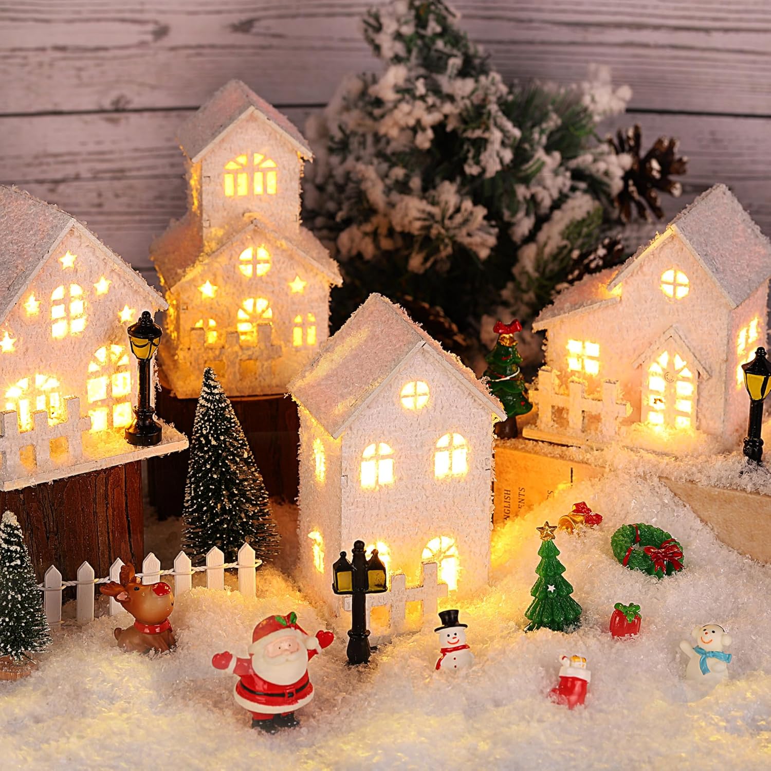Fovths 35 Pieces Christmas Village Sets Lighted LED Village Houses Accessories with Artificial Fake Snow and Mini Figurine Desktop Ornament Winter Village Buildings for Christmas Home Table Decor - Image 4