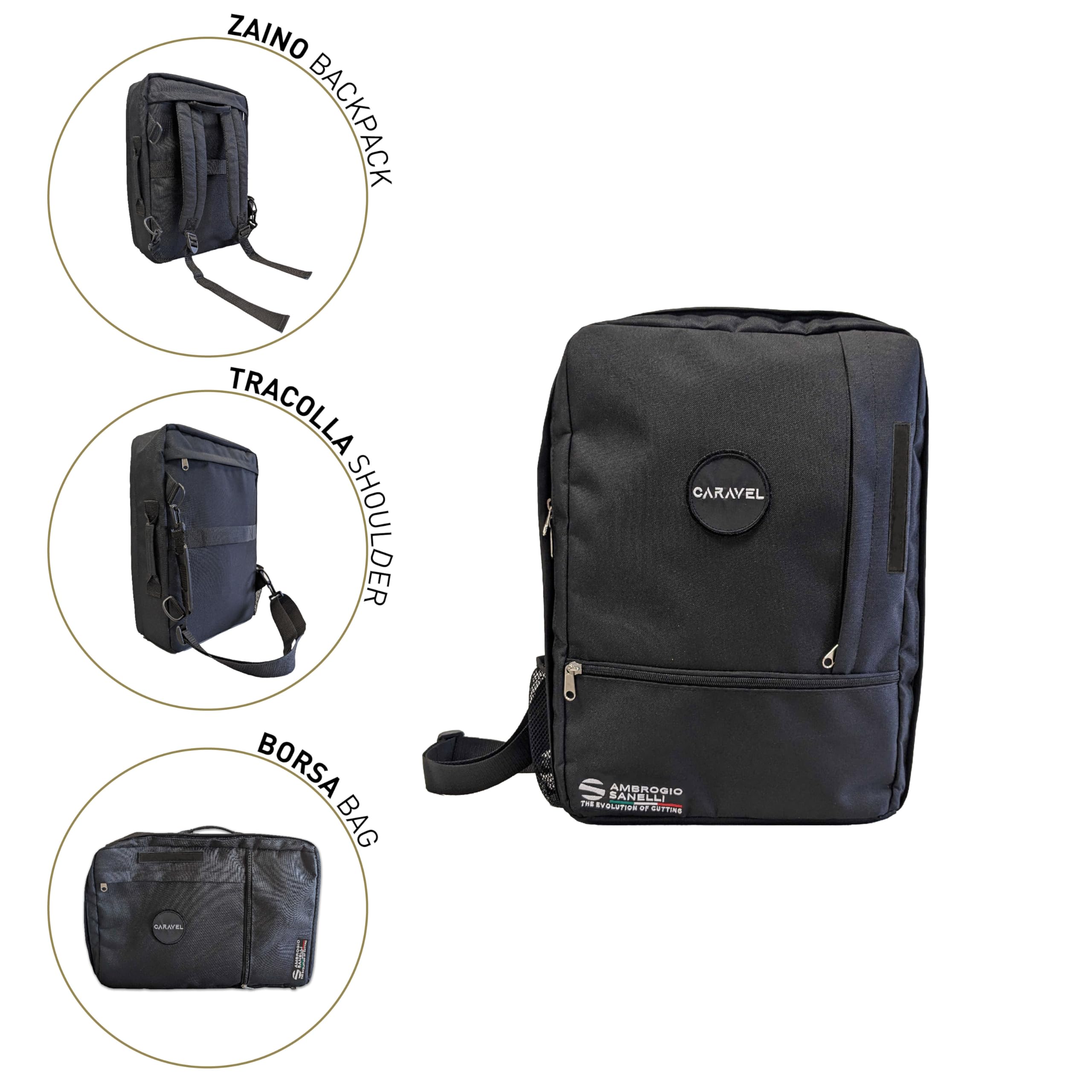 Ambrogio Sanelli, Caravel Backpack Multiuso, Zaino Professionale Porta Coltelli con 6 Tasche, Resistente e Sicuro, Utilizzabile come Zaino PC, Tracolla, Borsa o come Bagaglio a Mano, Made in Italy