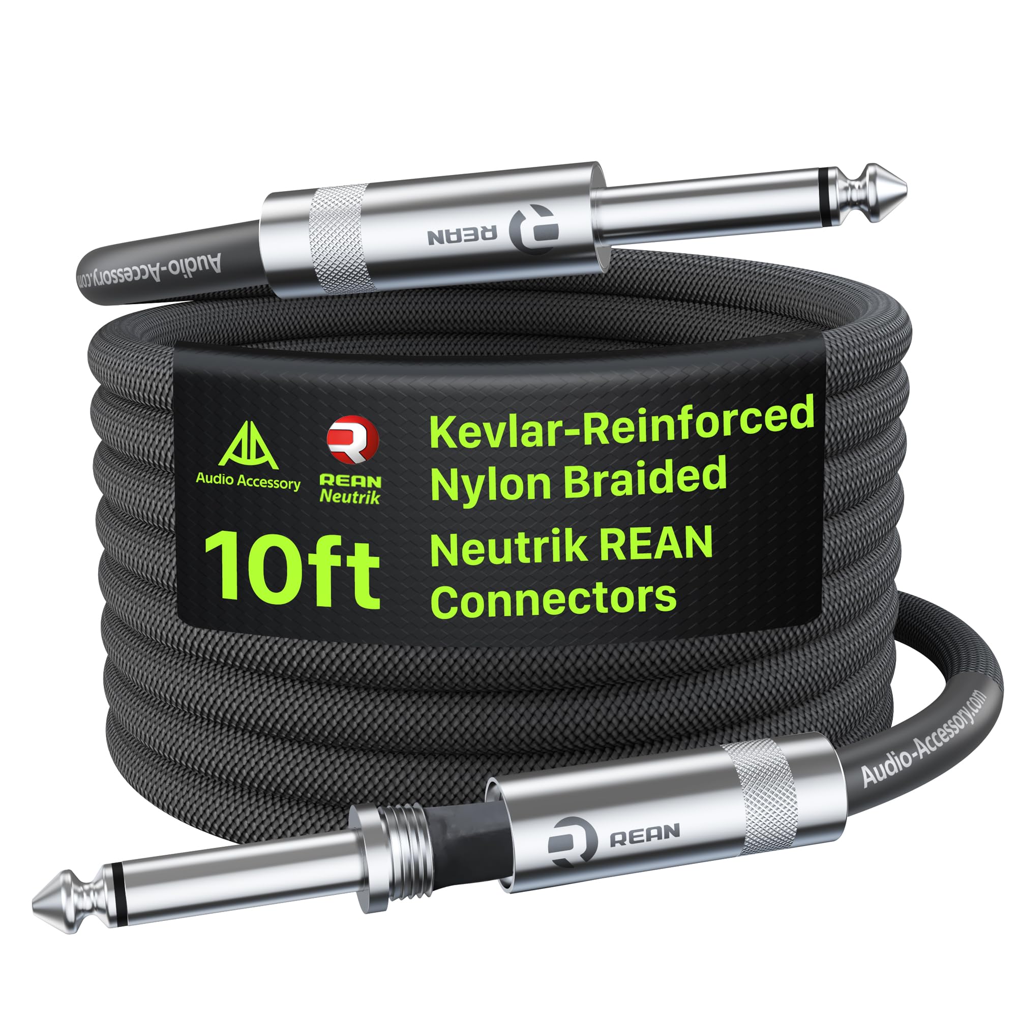 Kevlar-Reinforced 10 ft Guitar Cable: Neutrik REAN Connector, Dual Shielded 20 Gauge OFC Amp Cord