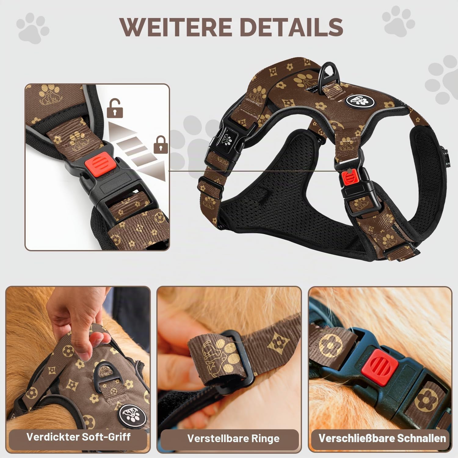 FURRYFECTION Hundegeschirr mittelgroße Hunde, Geschirr Hund ausbruchsicher Antizuggeschirr ohne Zug, Brustgeschirr Dog Harness verstellebare Oxford Medium Hundegeschirre mit Leine | Verstellbare reflektierende Haustierweste, 4 Riemen, gepolsterter Griff u