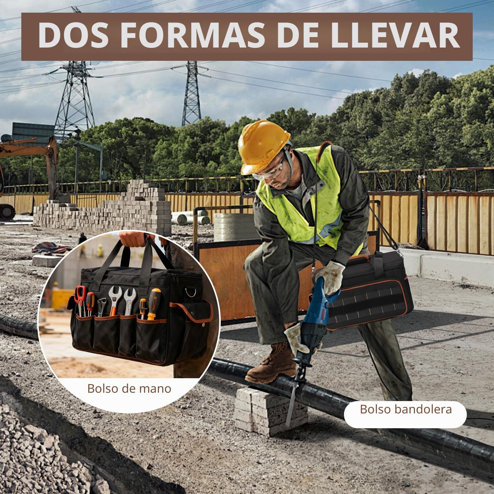 Bolsa de herramientas para electricista de 17 pulgadas, bolsa de herramientas con múltiples bolsillos, tela Oxford resistente con costuras reforzadas, correa de hombro ajustable, para