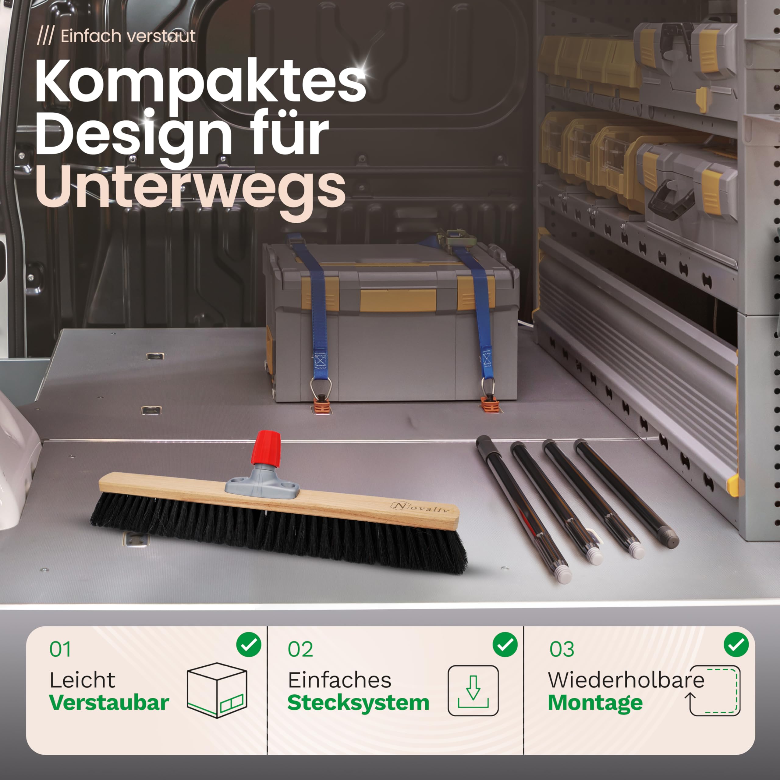 Novaliv Grosser Besen 2X Saalbesen 60 cm mit Stiel Borsten Kunstborsten Besen fein Ideal als Werkstattbesen mit Stiel Hallenbesen Industriebesen Hausbesen Kehrbesen Zimmerbesen Haarbesen Besen Groß