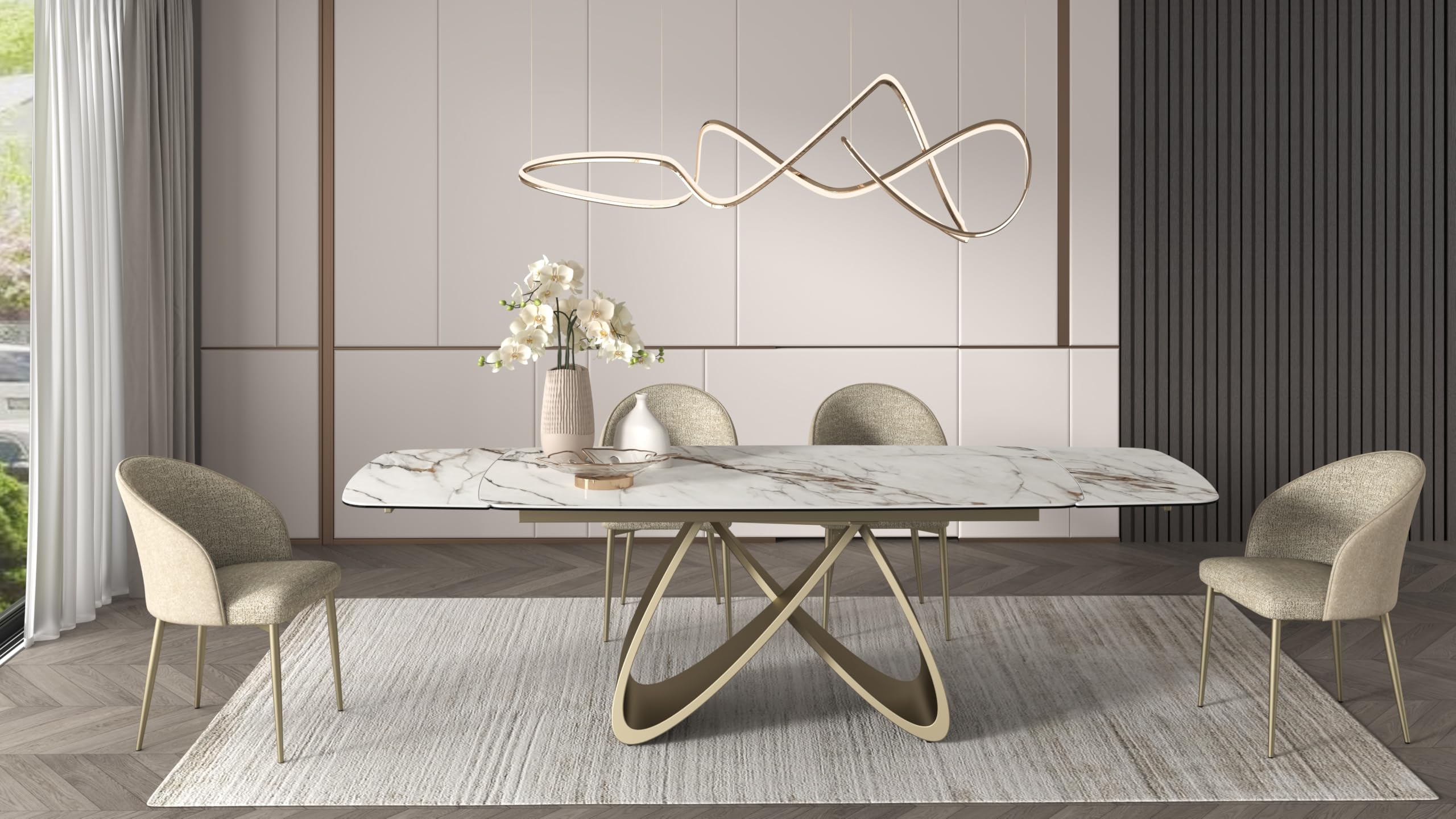 PAZZO DESIGN Tavolo Allungabile Zeno, Piano In Vetro Ceramica Calacatta Marble, Gambe Oro, Cucina, Soggiorno, Ceramica, 180 x 90 x h76 cm - id_2300