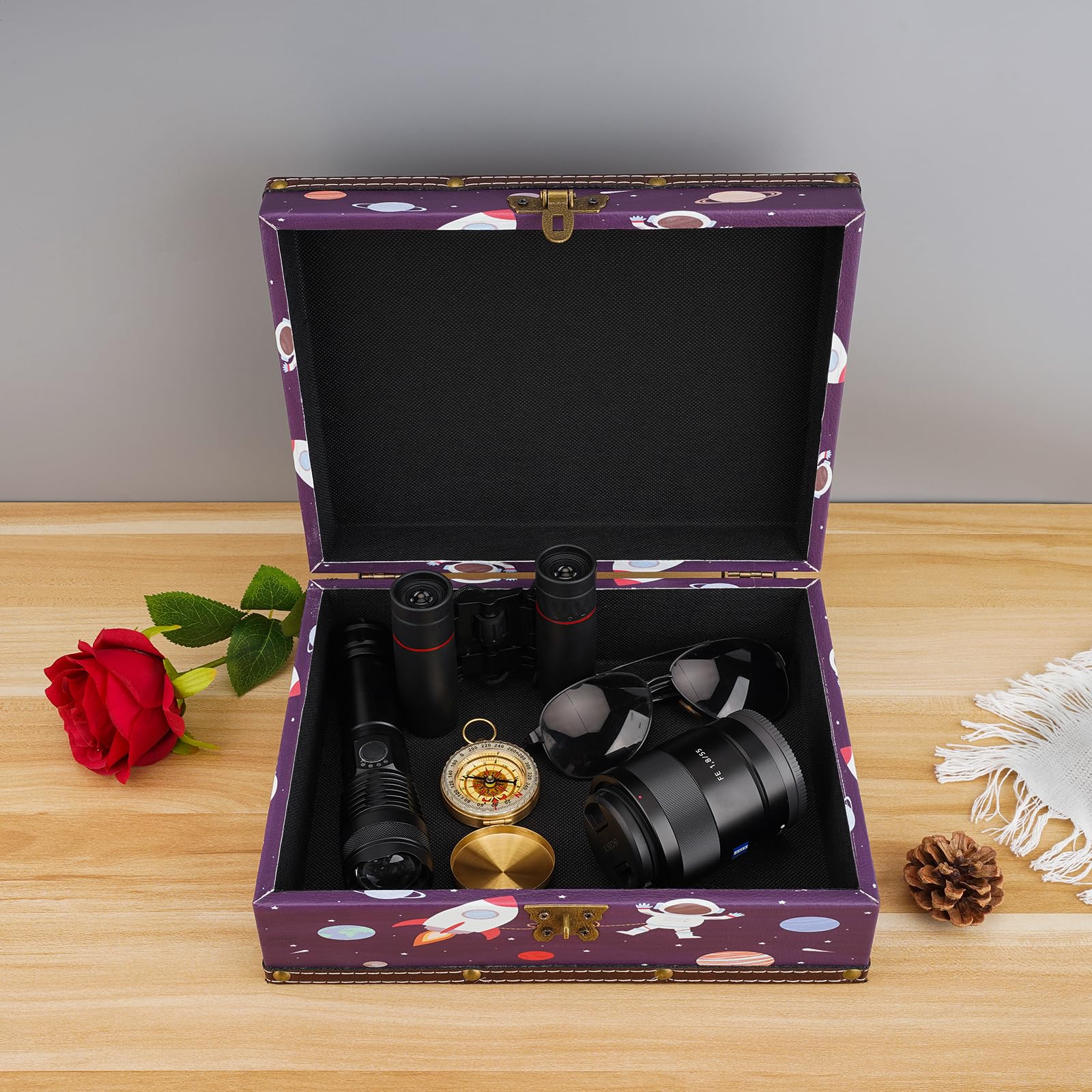 Coffre Au Trésor En Bois Et Cuir Avec Couvercle Et Serrure - Boîte De Rangement Décorative Pour Bijoux, Souvenirs Pour Enfants, Adolescents, Pour Anniversaire, Mariage, Bureau, Décoration D'intérieur