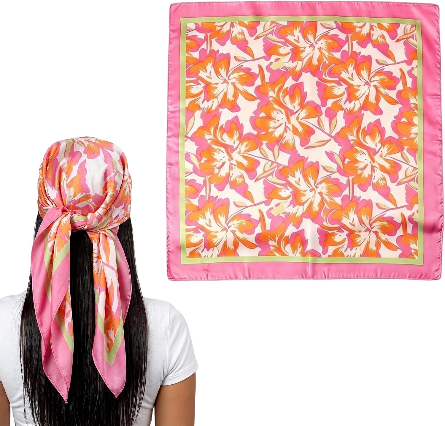 27.5 Inch Women Pink Floral Square Satin Head Scarf