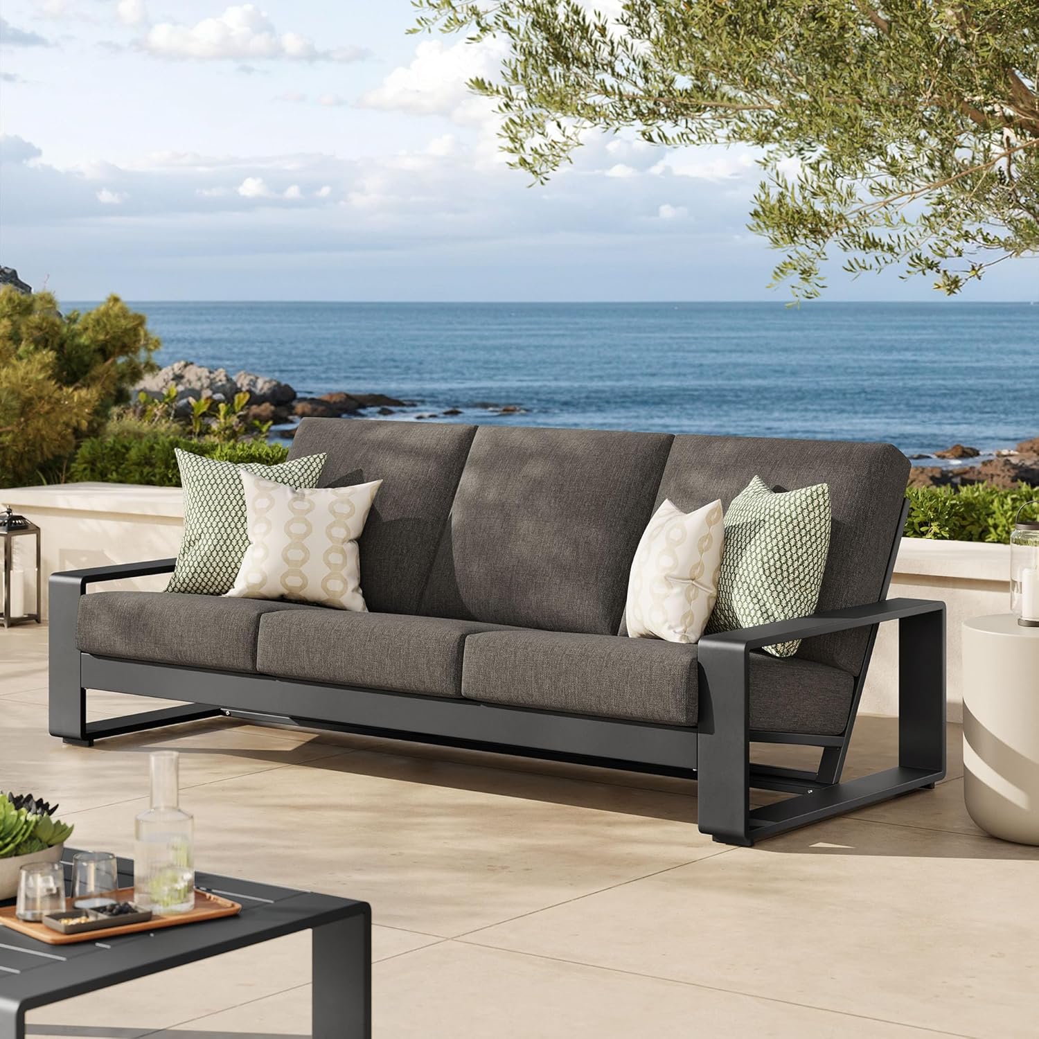 Modway Lirienne Aluminum Outdoor Sofa in Smoke Gray - Weather-Resistant Modern 3-Seater Patio Couch with Removable Cushions
