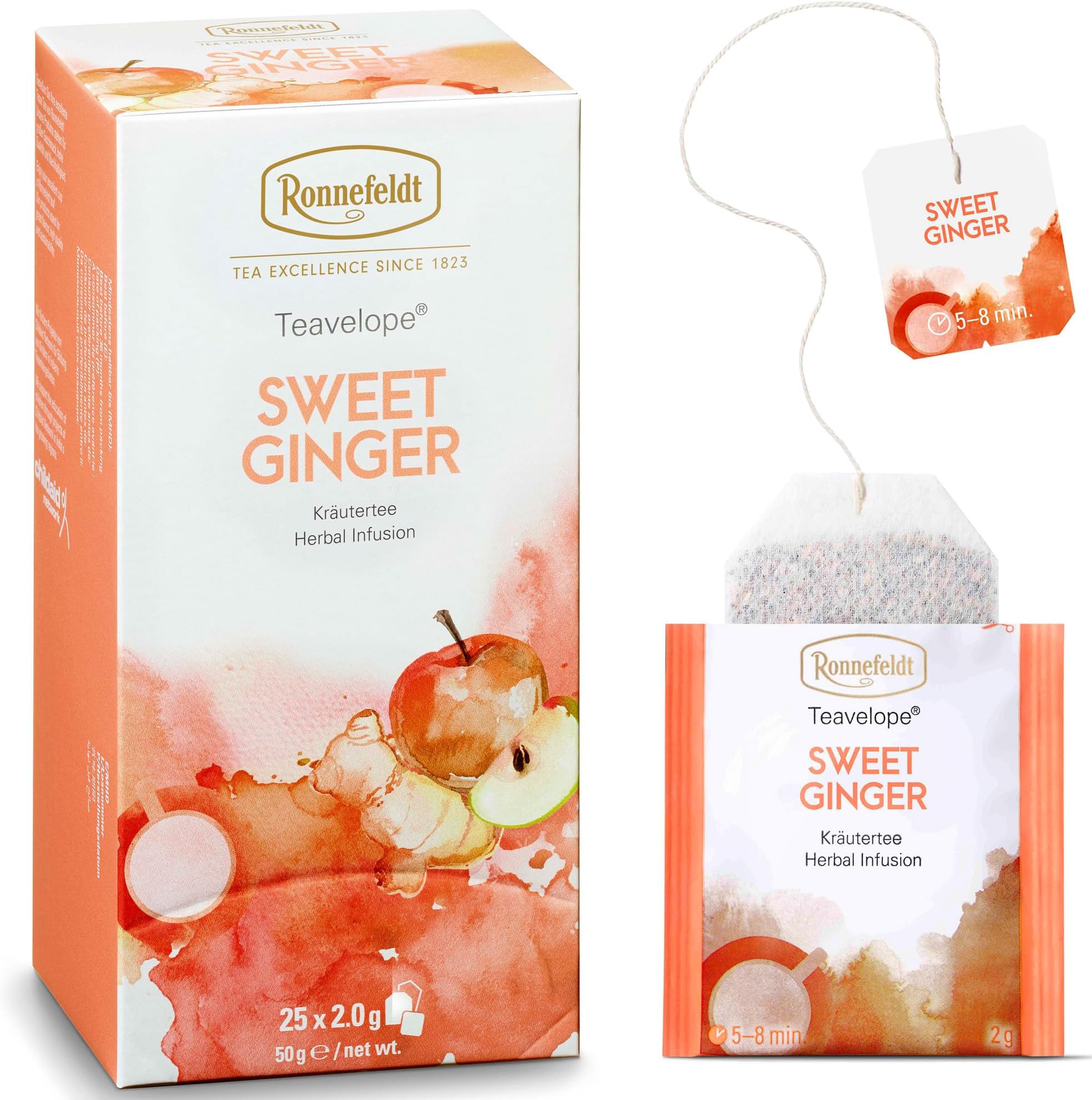 Ronnefeldt Teavelope Sweet Ginger – Herbal Infusion – Fruit Tea with White Hibiscus and Ginger – 25 Tea Bags – Caffeine Free Individually Wrapped