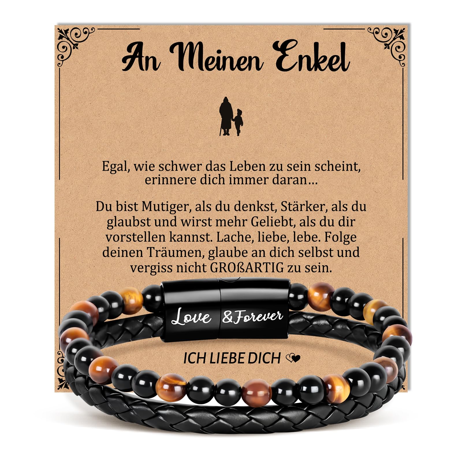 YIBONIKA Geschenke für Männer Lederarmband Naturstein Tigerauge Stein Perlenarmband, Geschenk für Ihn Papa Mann Sohn Opa Enkel Neffe Bruder Freund zum Valentinstag Vatertag Geburtstag mit Geschenkbox