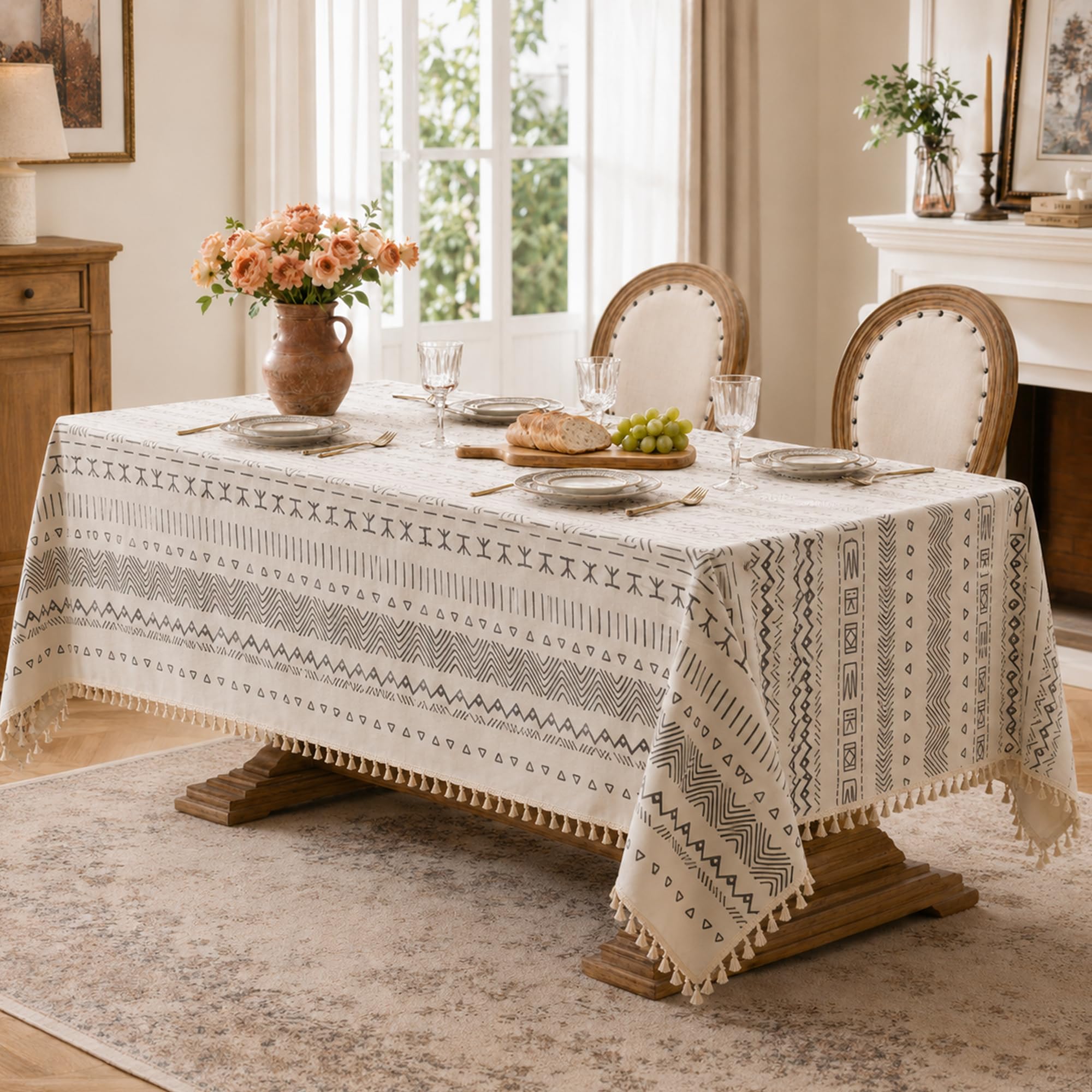 Mantel De Mesa Boho Rectangular con Diseño Geométrico Y Flecos
