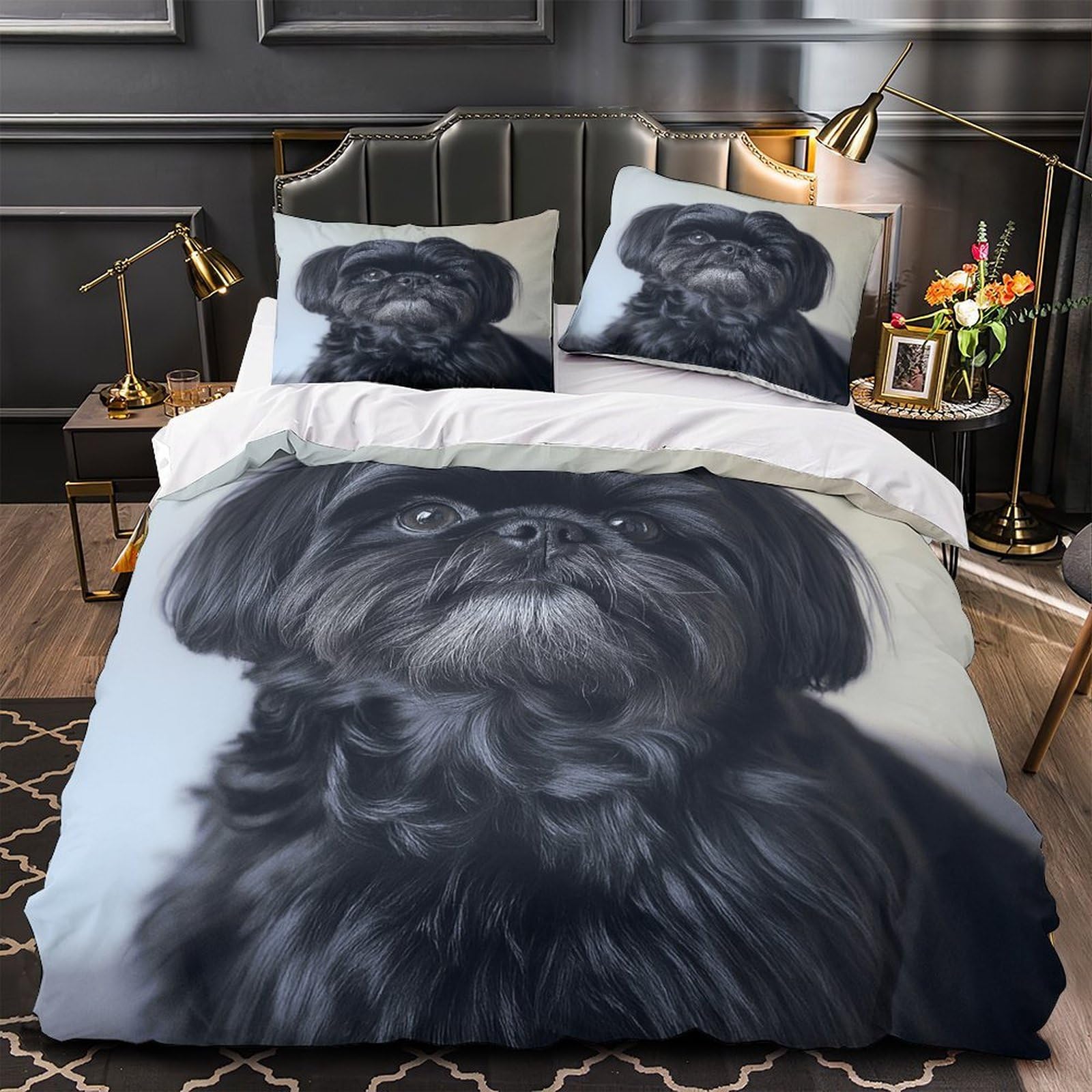 Linge de lit microfibre avec housse de couette 3D motif chien noir résistante et hypoallergique