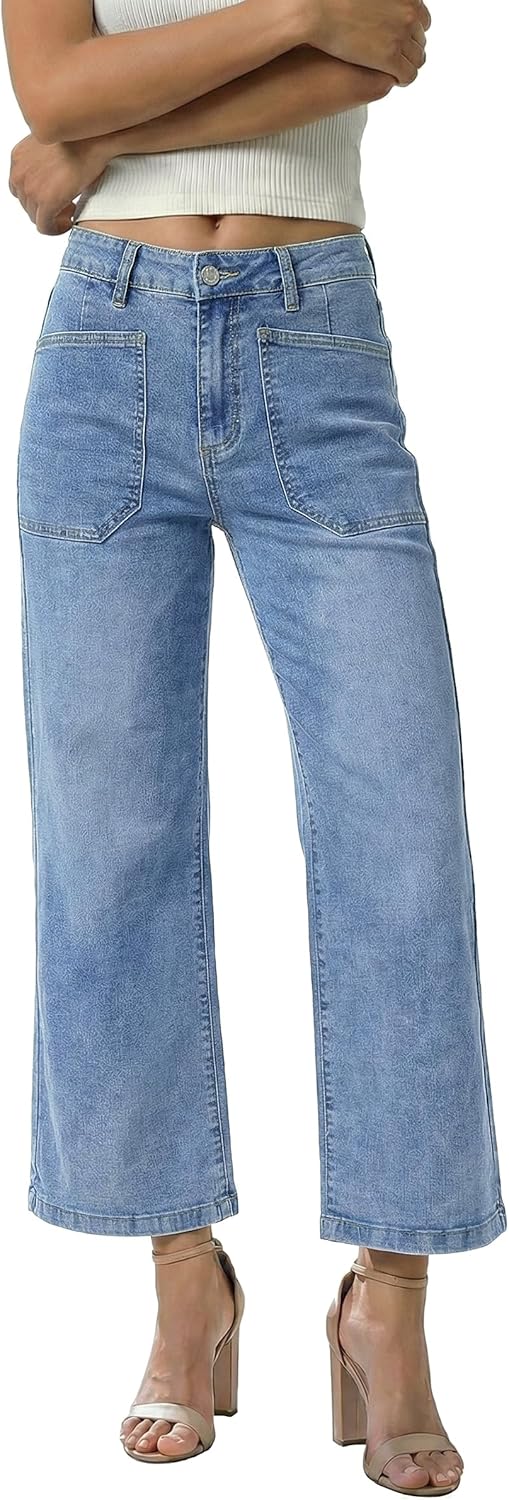 GRAPENT Wide Leg Jeans Woman Trendy Cropped High Waisted Patch Pocket Stretch Denim Pants Baggy Loose Straight Leg Jeans