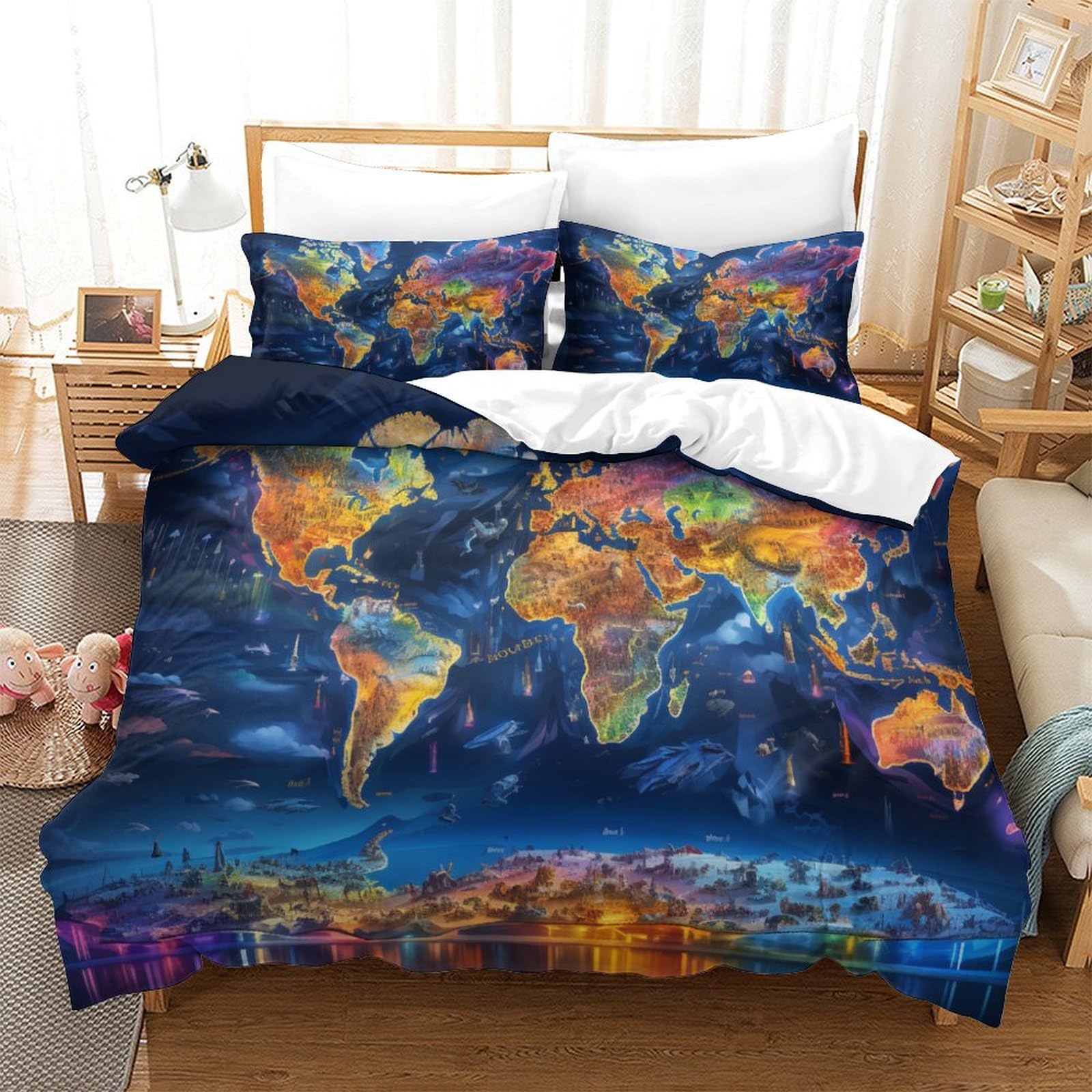 Housse de couette 260 x 220 carte du monde parure de lit 3 pièces
