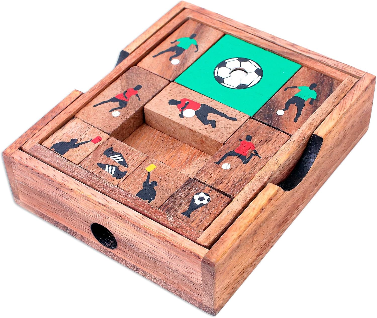 NOVICA Artisan Handcrafted Wood Game Raintree Sliding Football Brown Thailand Chess Sets Games Puzzles [board 1.1in H x 3.6in W x 4.4in D Box 1.2in H x 4.1in W x 4.1in D Smallest Piece 0.4in H x 0.4i]