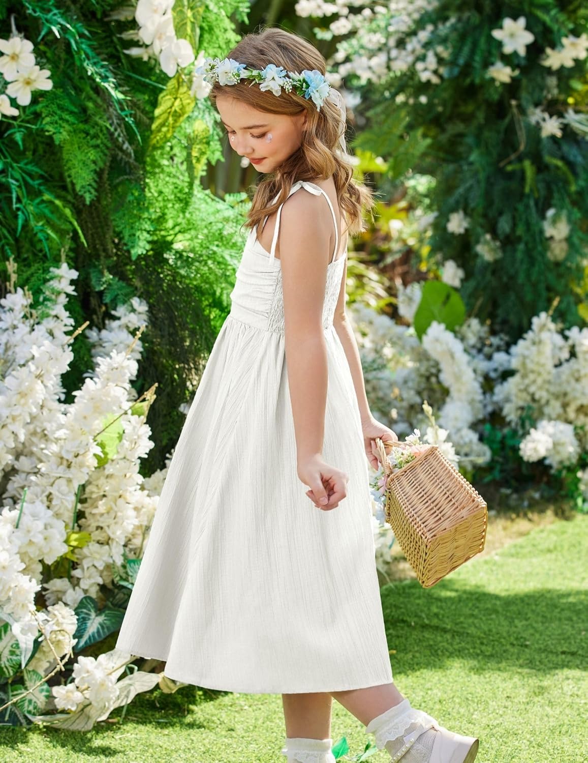 Arshiner Girls Summer Dress Maxi Spaghetti Strap Ruched Flowy Beach Boho Casual Teen Girl Sundress 6-14 Years