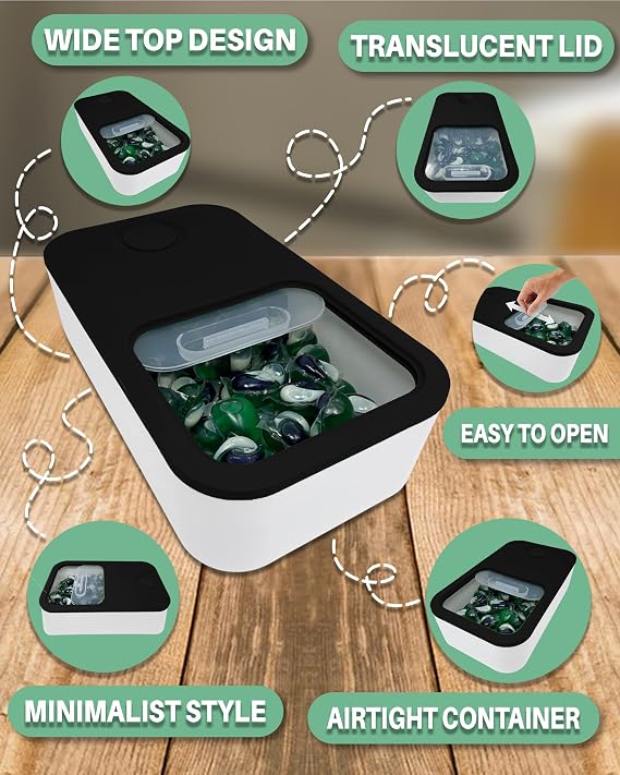 TidyFriend Laundry Pods Container with Slide Lid, 15 x 8.7 x 4.5, Airtight Storage Keeps Pods Fresh, Holds 910 lbs or 100130 Pods, Laundry Detergent Container & Dishwasher Pod Holder (Black)