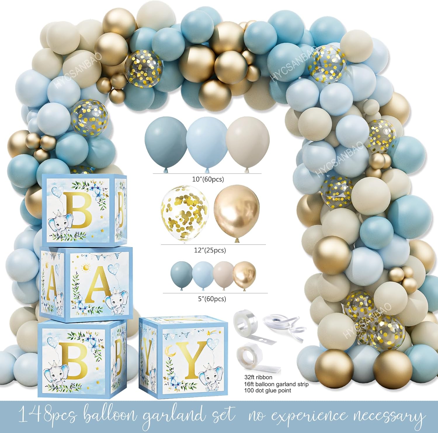 Elephant Baby Shower Decorations for Boy, Blue Elephant Baby Shower Party Supplies, It's a Boy Backdrop Tablecloth Elephant Balloon Arch BABY Box Mom to Be Sash Dad to Be Pin