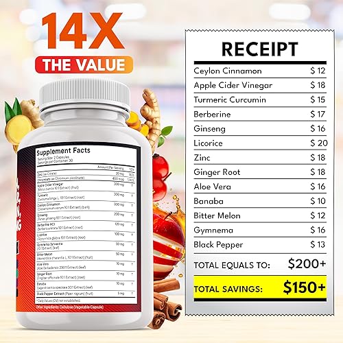 Vista 5 de Canela de Ceilán, Cúrcuma, Vinagre de Sidra de Manzana, Ginseng, Aloe Vera, Berberina más Banaba, Raíz de Jengibre - 60