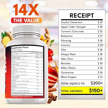 Ceylon Cinnamon, Turmeric, Apple Cider Vinegar, Ginseng, Aloe Vera, Berberine Plus Banaba, Ginger Root - 60 Count