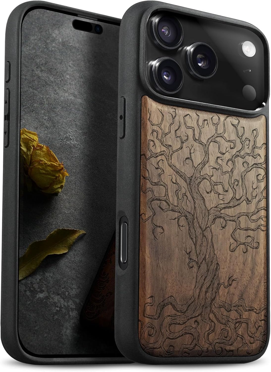 Carveit Magnetic Wooden Case for iPhone 17 Pro Max Case, Wood Artisan Engraved & Black Soft TPU Shockproof Cover, Compatible with MagSafe Wireless Chargers (Twisted Tree of Life) Walnut
