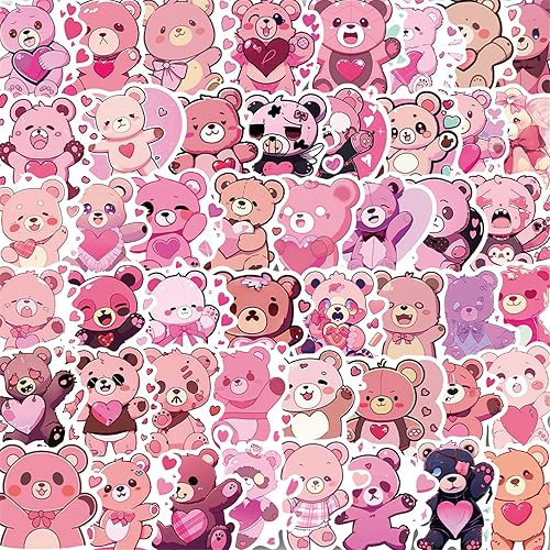Miniatura 2 de Paquete de 50 calcomanías Kawaii de oso rosa para niños y niñas, vinilo de oso de dibujos animados, impermeables, calcomanías y calcomanías para