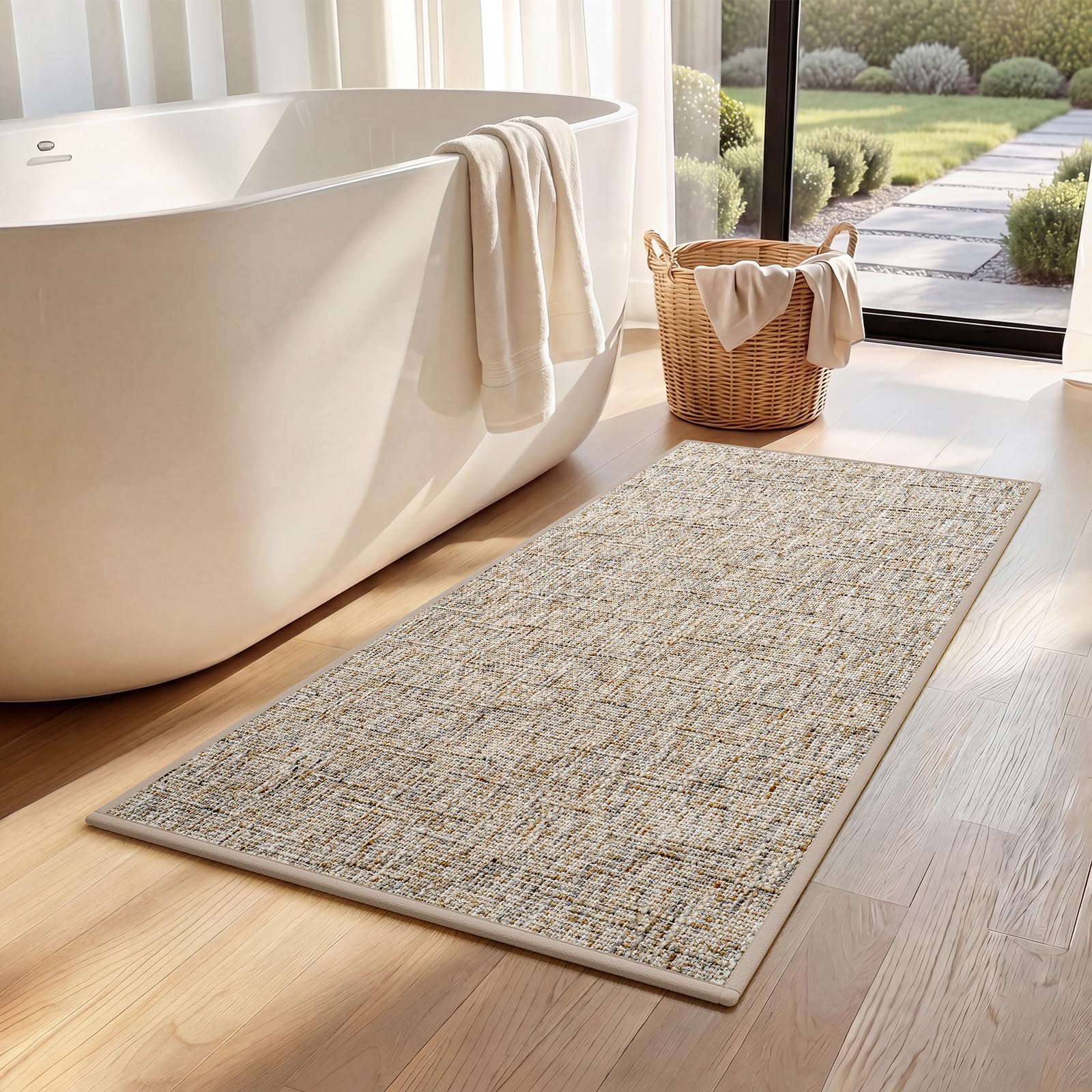 Tappeto Bagno 70x120cm, Tappetino Tessuto a Colori Misti, Tappeti in Gomma Antiscivolo Assorbente, Soffice Tappetini Doccia, Lavabile in Lavatrice, Adatto per Doccia, Bagno, Beige