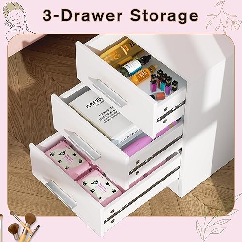 Miniatura 22 de Greenvelly Escritorio de maquillaje blanco con espejo, maquillaje de madera con 3 modos de iluminación, 2 cajones espaciosos y 6 compartimentos de