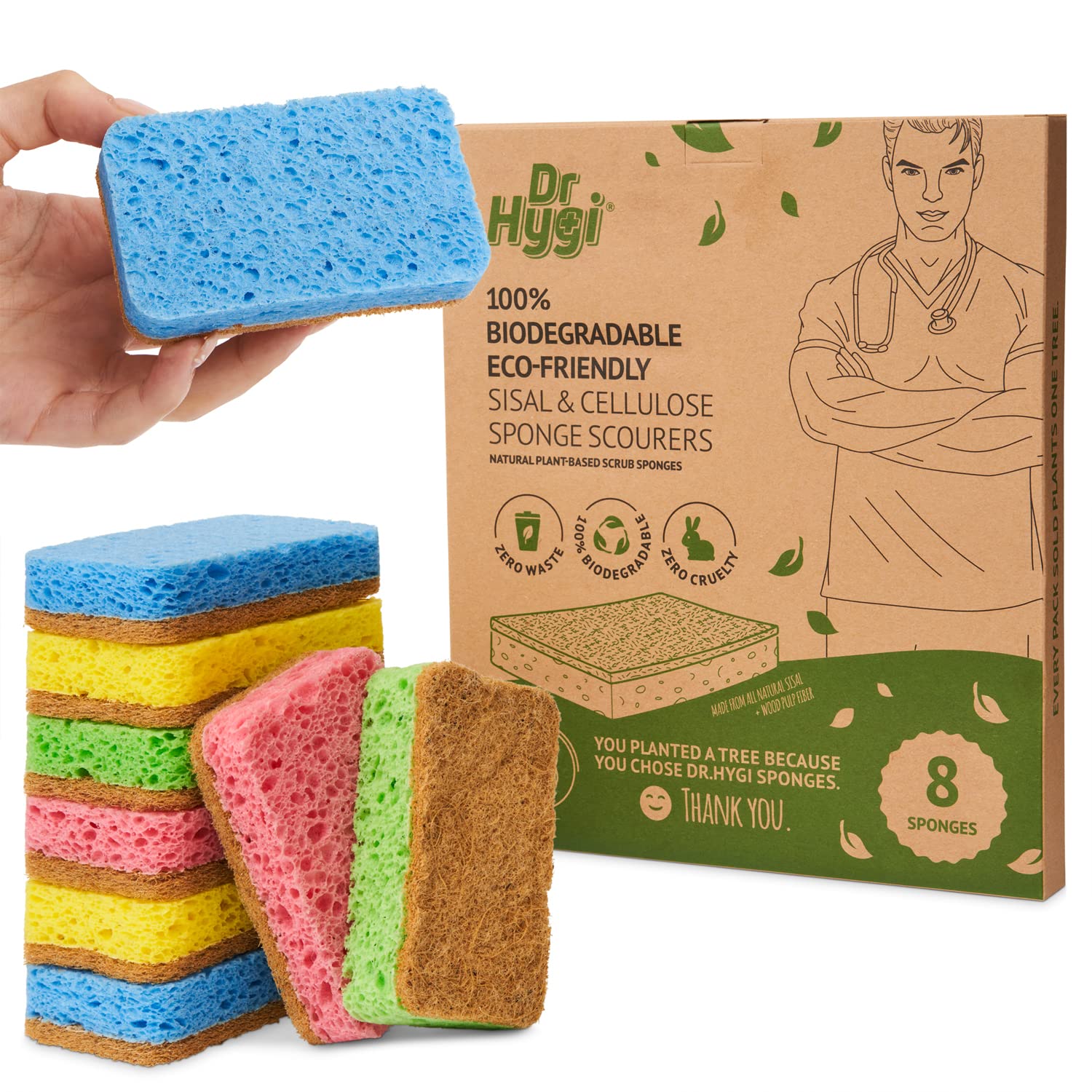 Dr Hygi Blue, Green, Yellow, Red Dr.hygi® Scrub Sponges - 8-Pack Eco Sponges Set - Natural Sisal And Cellulose Washing Up Sponge - 100% Biodegradable, Zero Waste Bathroom, Kitchen,Dish - 4 Fun Colours
