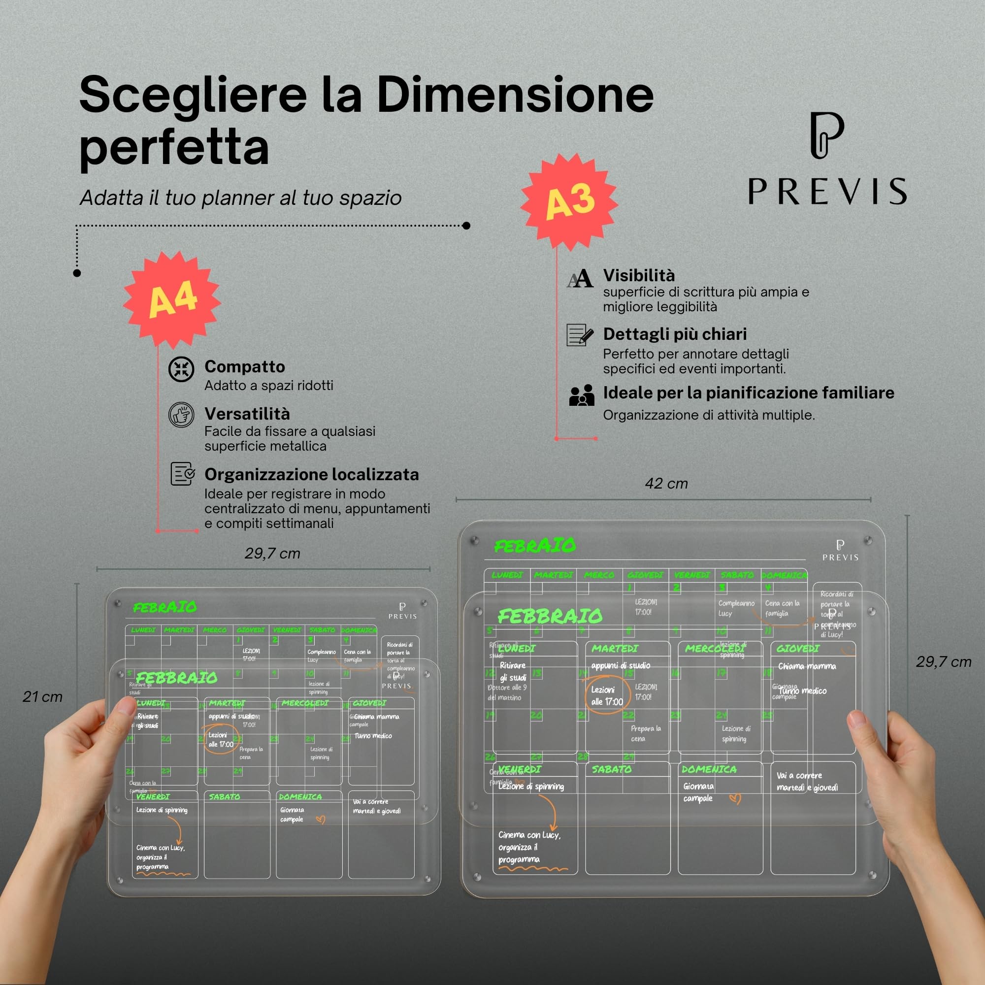 Previs Brand Kit di 2x Lavagna Magnetica Frigo Trasparente (Settimanale + Mensile) A4 (21x29,7cm) con 4 Pennarelli Premium - 2x Calendario Acrilico Trasparente Frigo