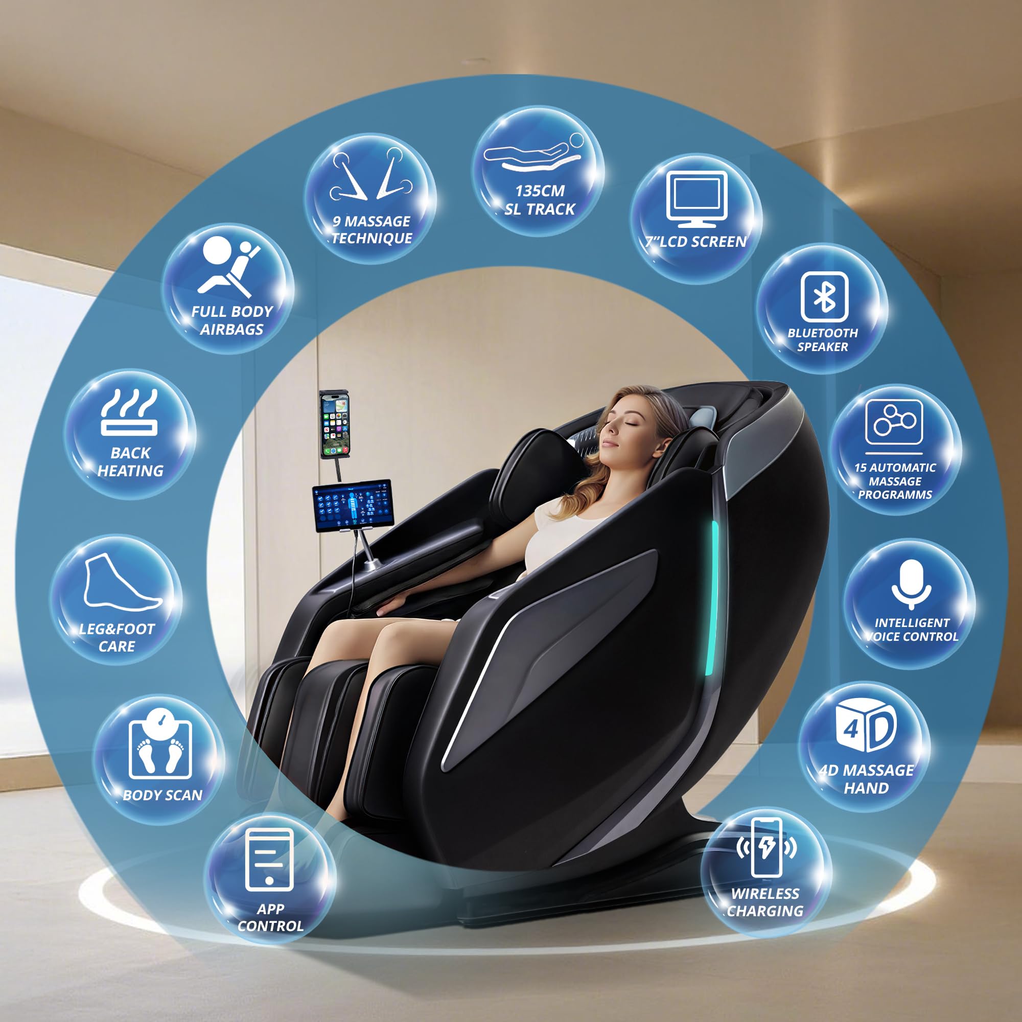 HealthRelife Ganzkörpermassagesessel mit Bodyscan 4D-Robotische Hände Intelligente Shiatsu Massagesitzauflage mit Sprachfunktion Rückenheizung(Schwarz)