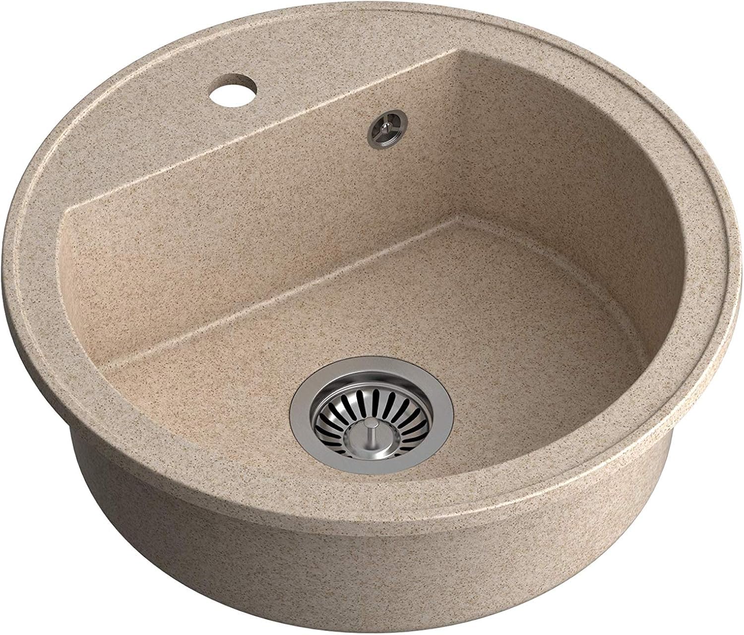 QUADRON fregadero de cocina redondo | tamaño 51 x 51 x 18 cm, diámetro 43, beige y acero | fregadero de granito JOHNNY 210 | fregadero empotrado con orificio para grifo | fregadero de un seno