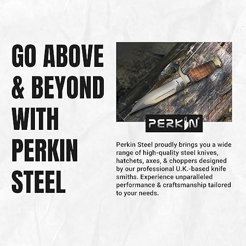 Miniatura 9 de Perkin Knives Cuchillo Bowie, de acero inoxidable 440c, hecho a mano, para caza, con manija de piel.