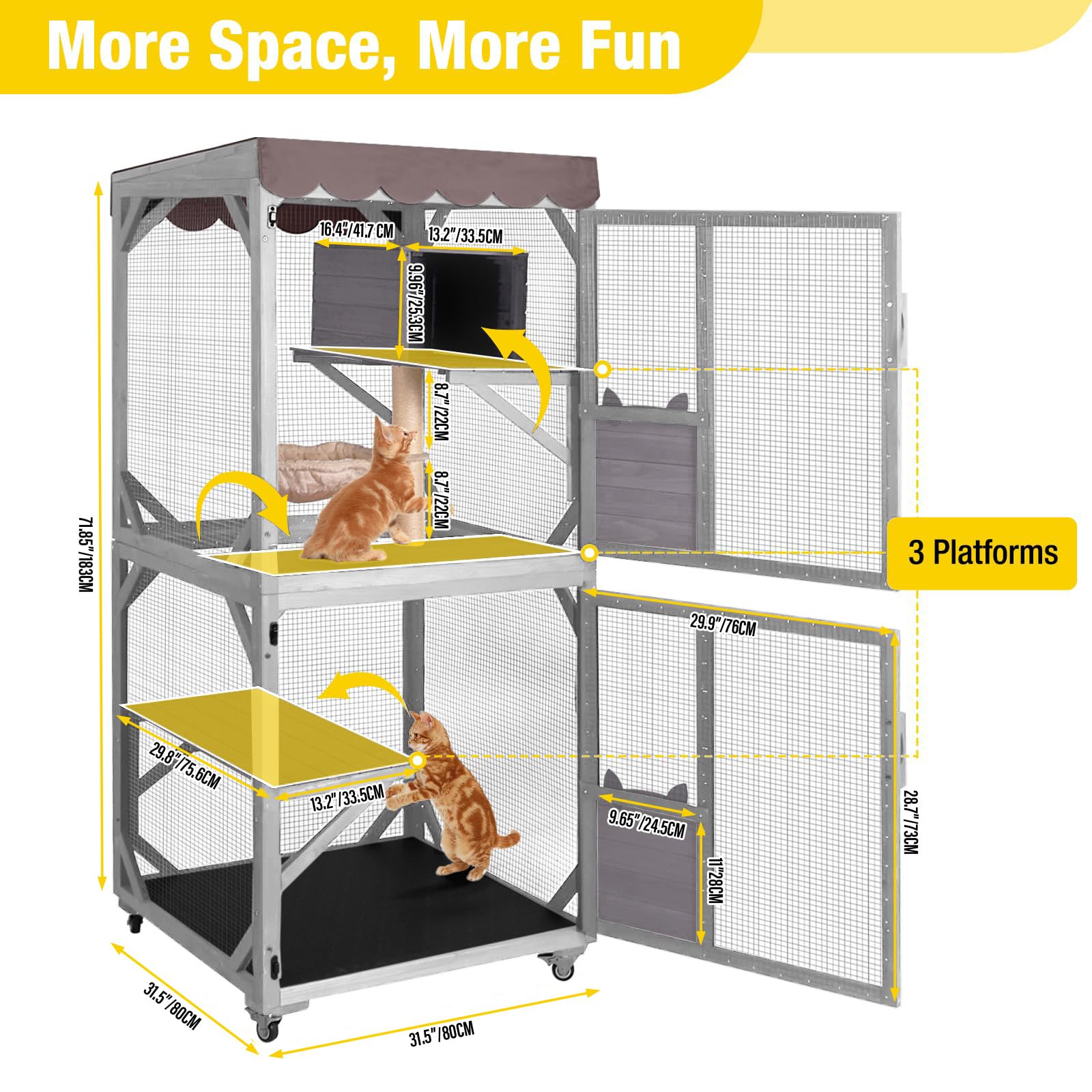 X-ZONE PET Catio Outdoor Cat Gehäuse auf Rädern Indoor Kitty Haus mit Katzenbett, Kratzbaum, springende Plattformen, wasserdichtes Dach (grau) 80CM/Lx80CM/Wx182.5CM/H