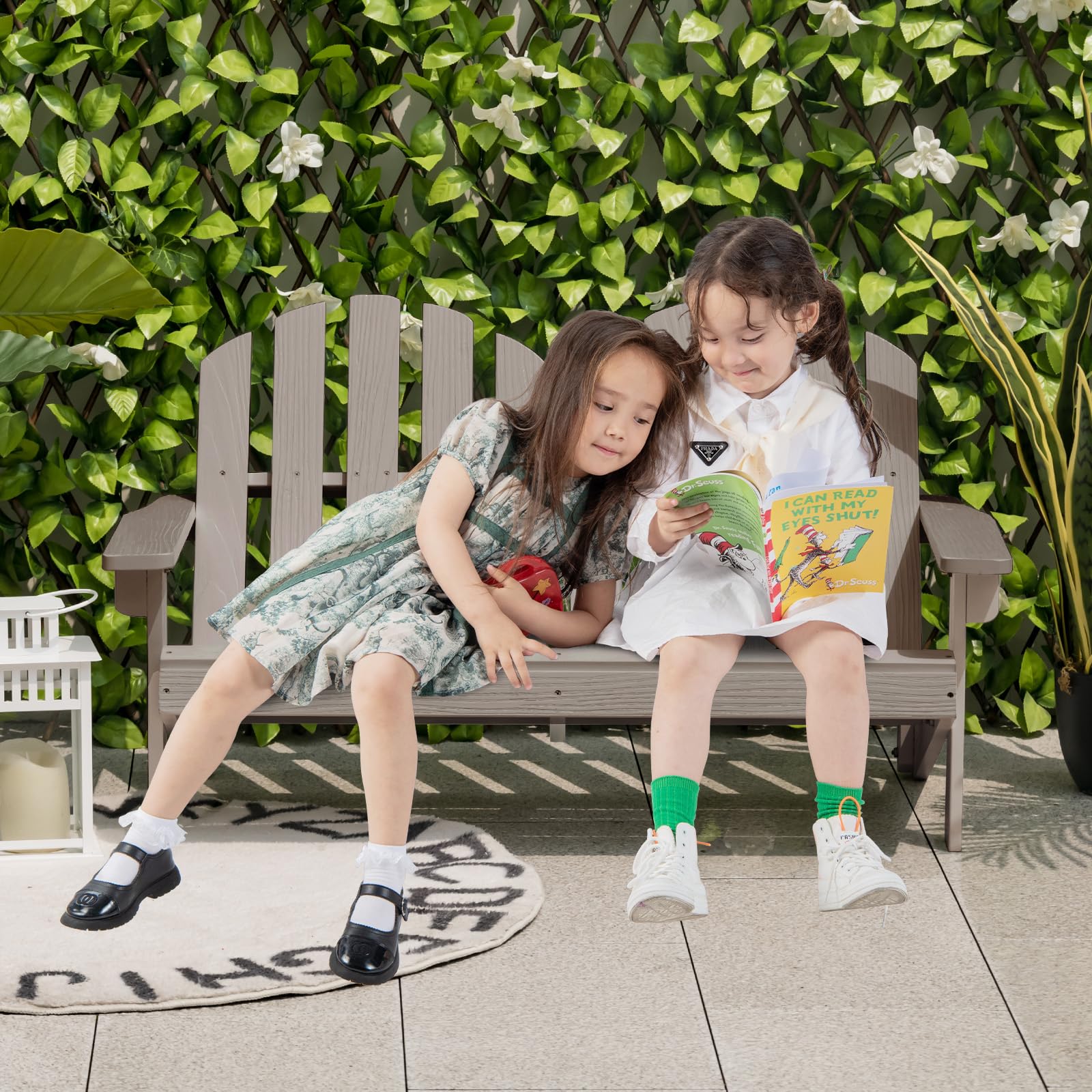 Giantex Kids Adirondack Chair 2-Seat - Children's Outdoor Chair with High Backrest, Arm Rest, 300 Lbs Capacity, Wood Double Loveseat, Porch Chair for Yard, Poolside (1, Khaki Grey)