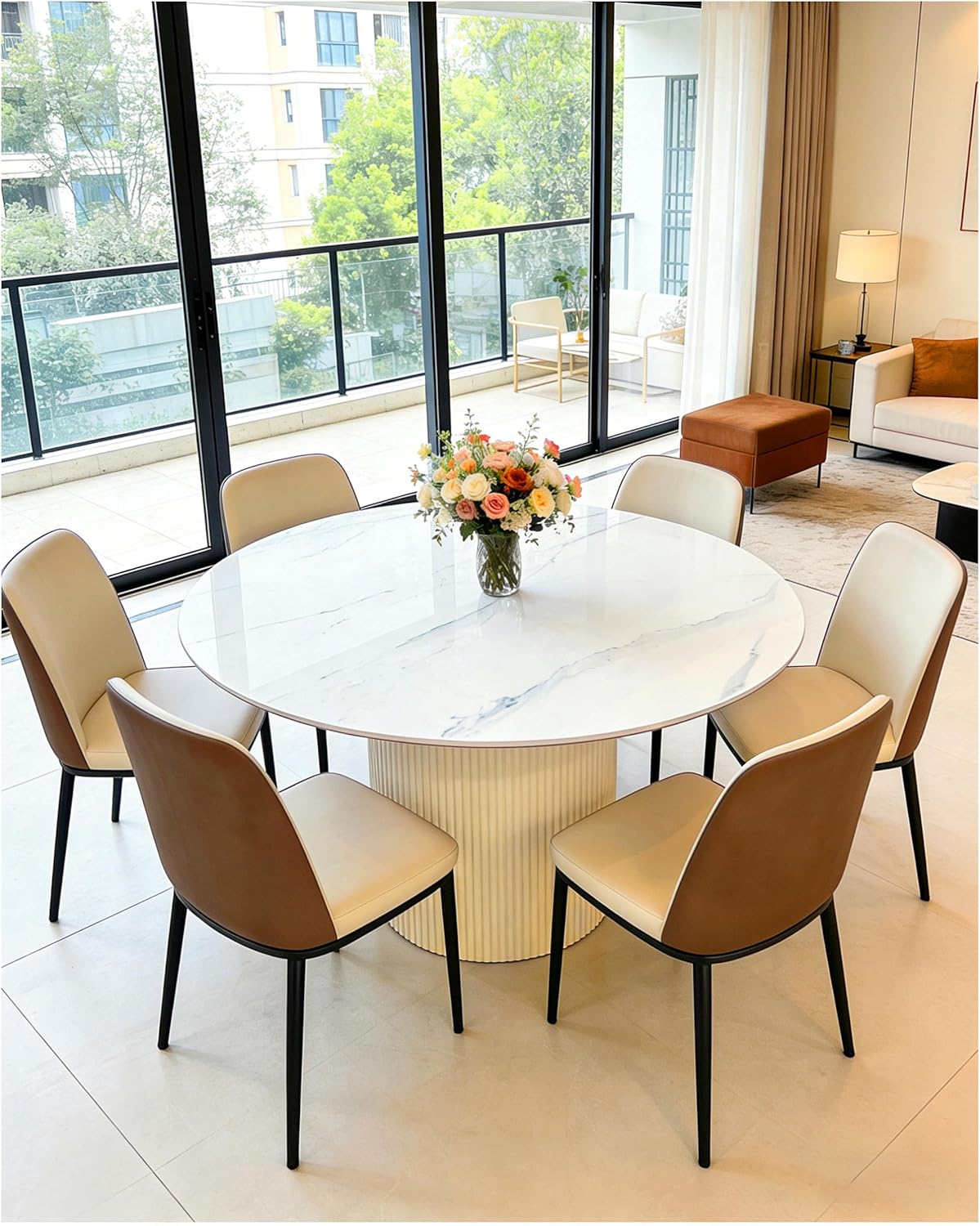 35.4" Round Dining Table with Marble Top and Metal Base | White Circle Modern Pedestal Tables Dining Set for Kitchen, Dining Room, or Apartment