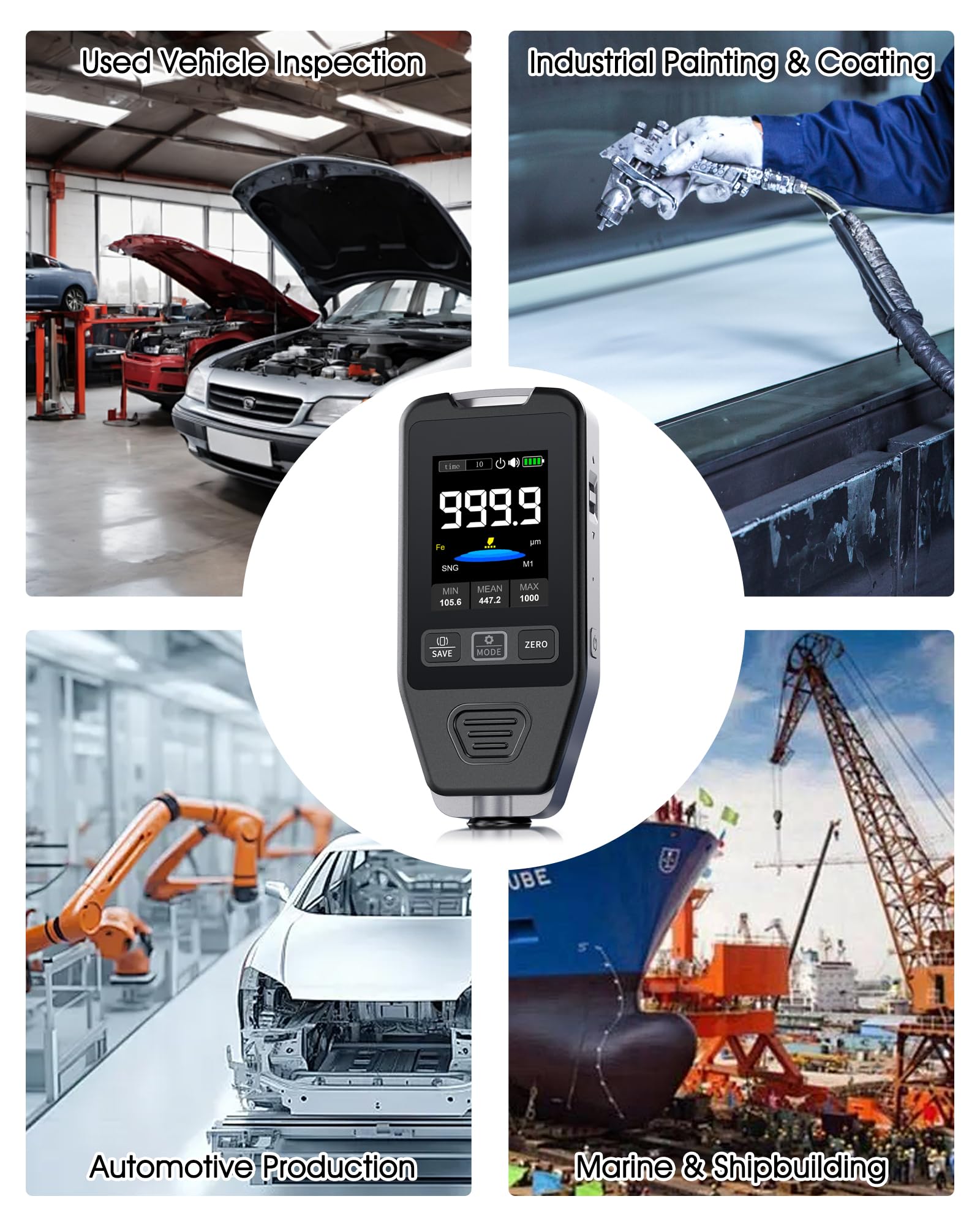 Misuratore di Spessore Rivestimenti, Spessimetro Vernice Auto 0–1400μm, Tester Vernice Digitale per Auto, Rilevamento Automatico Metalli Ferrosi/Non Ferrosi, Ricaricabile USB-C