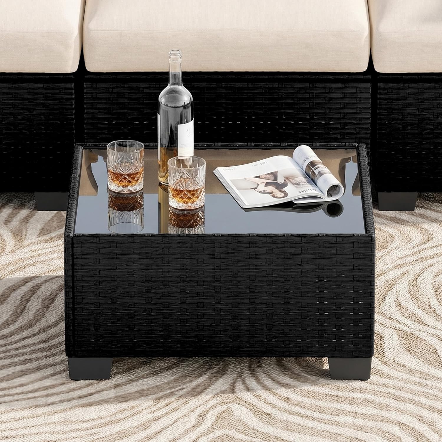 Patio Furniture Set 7 Pieces Conversation Set Wicker Outdoor Sectional Sofa,Ergonomic Armrests Couch with Cushion and Glass Table (Black-White, 7 Piece-Single)