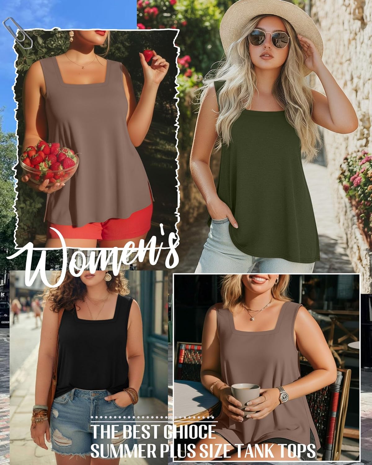 Evervibe 3 Pack Summer Plus Size Tank Tops for Women Sleeveless Tunic Shirts Square Neck Tops Side Slits 1X-5X