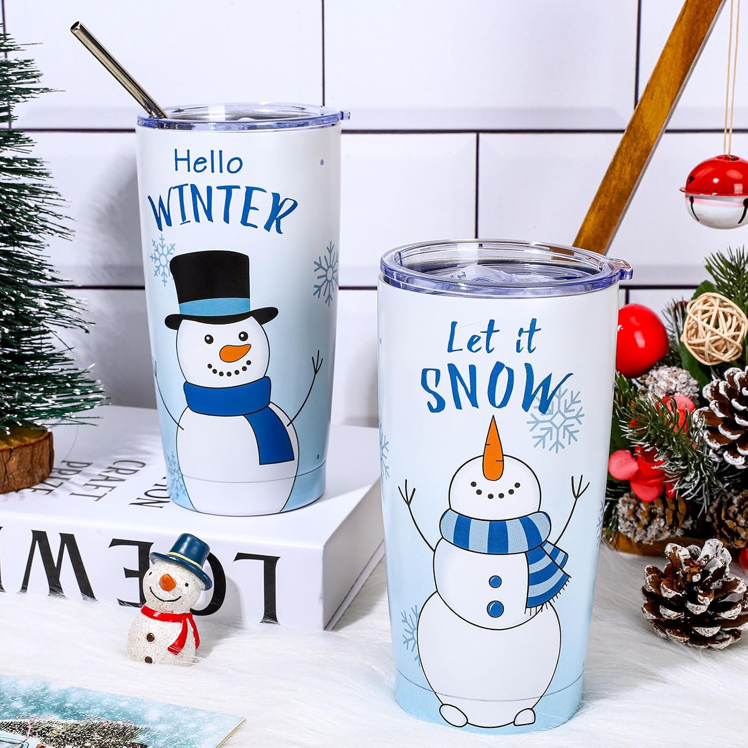 Whaline 2Pcs Christmas Tumbler Watercolor Snowman Stainless Steel Travel Tumbler with Straw and Brush Xmas Winter Holiday Coffee Mug Cup for Women Girlfriend Besties Wife Lover Spouse Birthday Gifts - Image 4