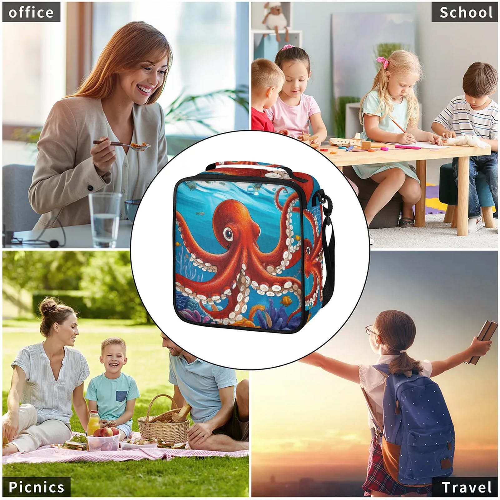 Sea Ocean Shakes - Bolsas de almuerzo para niños y niñas, lonchera térmica, con correa ajustable, a prueba de fugas, duradera, para niños, mujeres, trabajo escolar 7