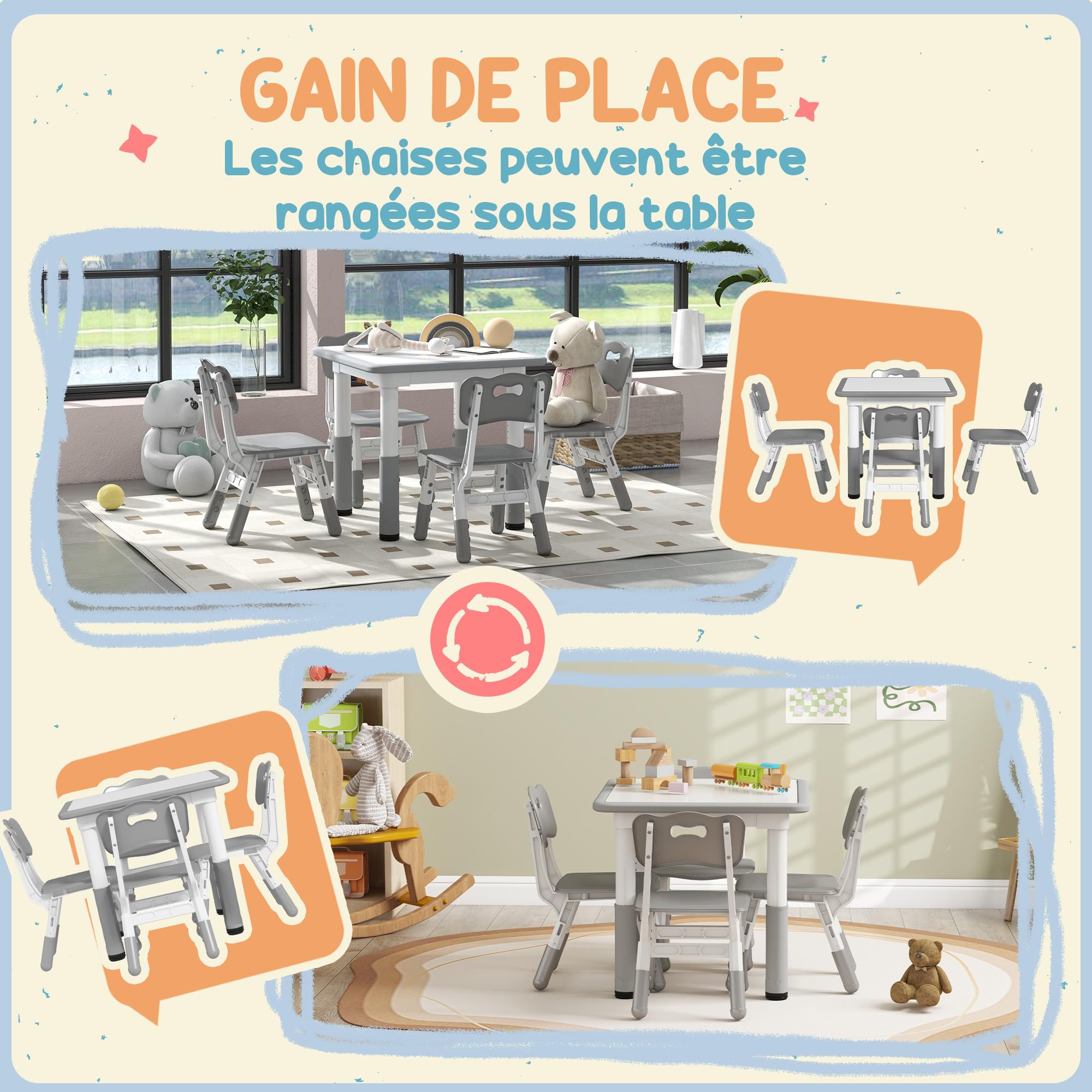 AIYAPLAY Ensemble Table et chaises pour Enfants Hauteur réglable Gris