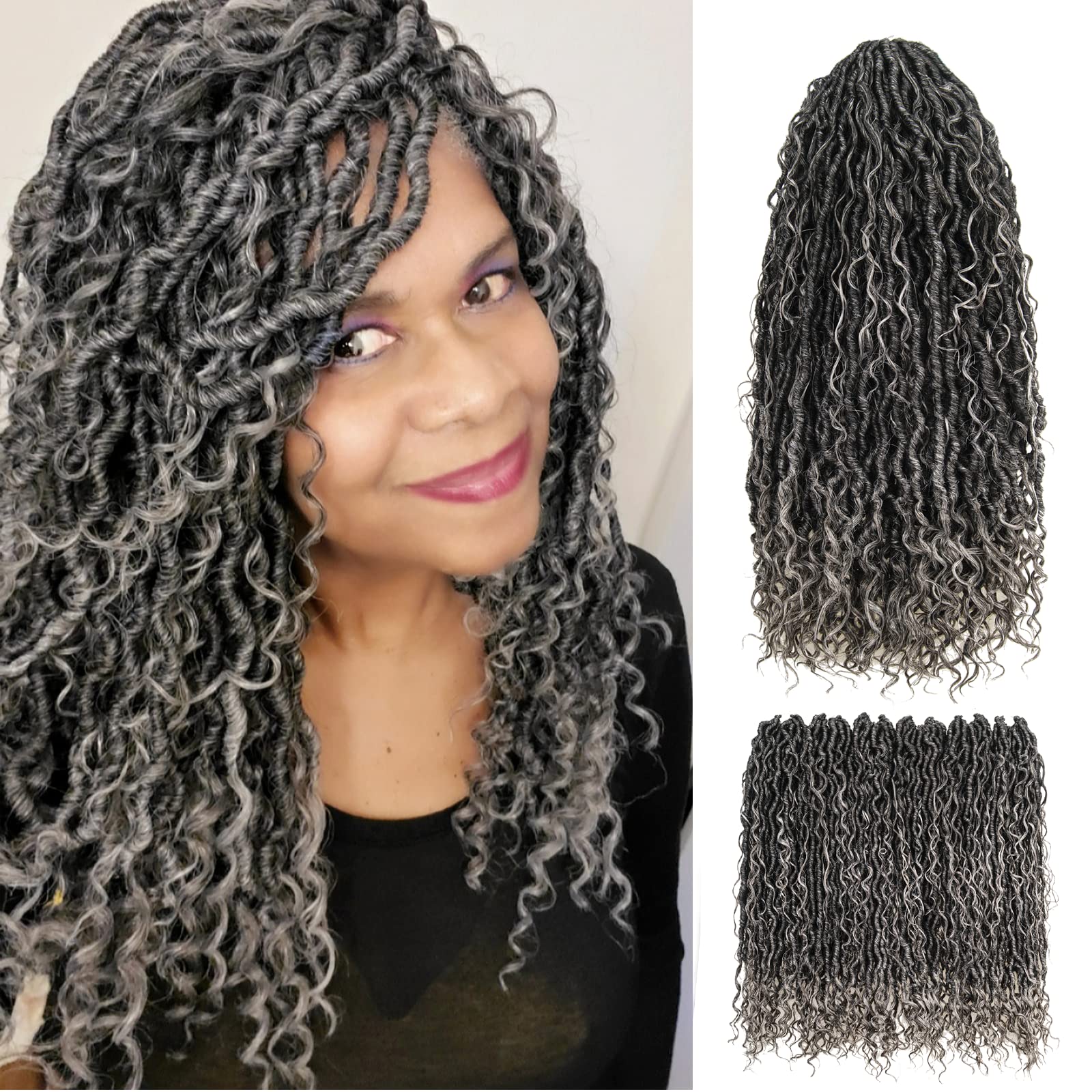 River Goddess Locs Crochet Hair for Black Women- 14 Inch 6 Packs 144 Strands Ombre Grey/Silver Pre Looped Soft Faux Locs With Bohemian Curly Branch,Synthetic Braiding Hair Extensions for Mama