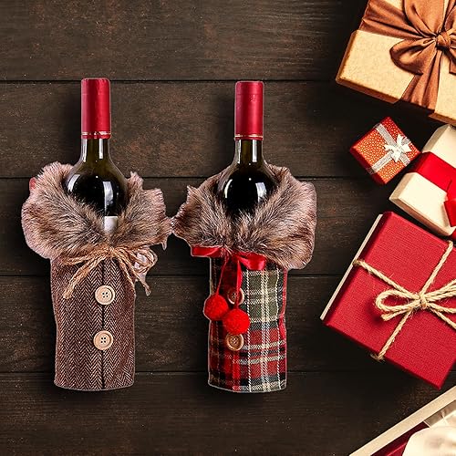 Miniatura 4 de OHLOMJES Juego de fundas para botellas de vino de Navidad, 2 bolsas de regalo de vino festivas, elegante vestido de botella de vino y decoración de