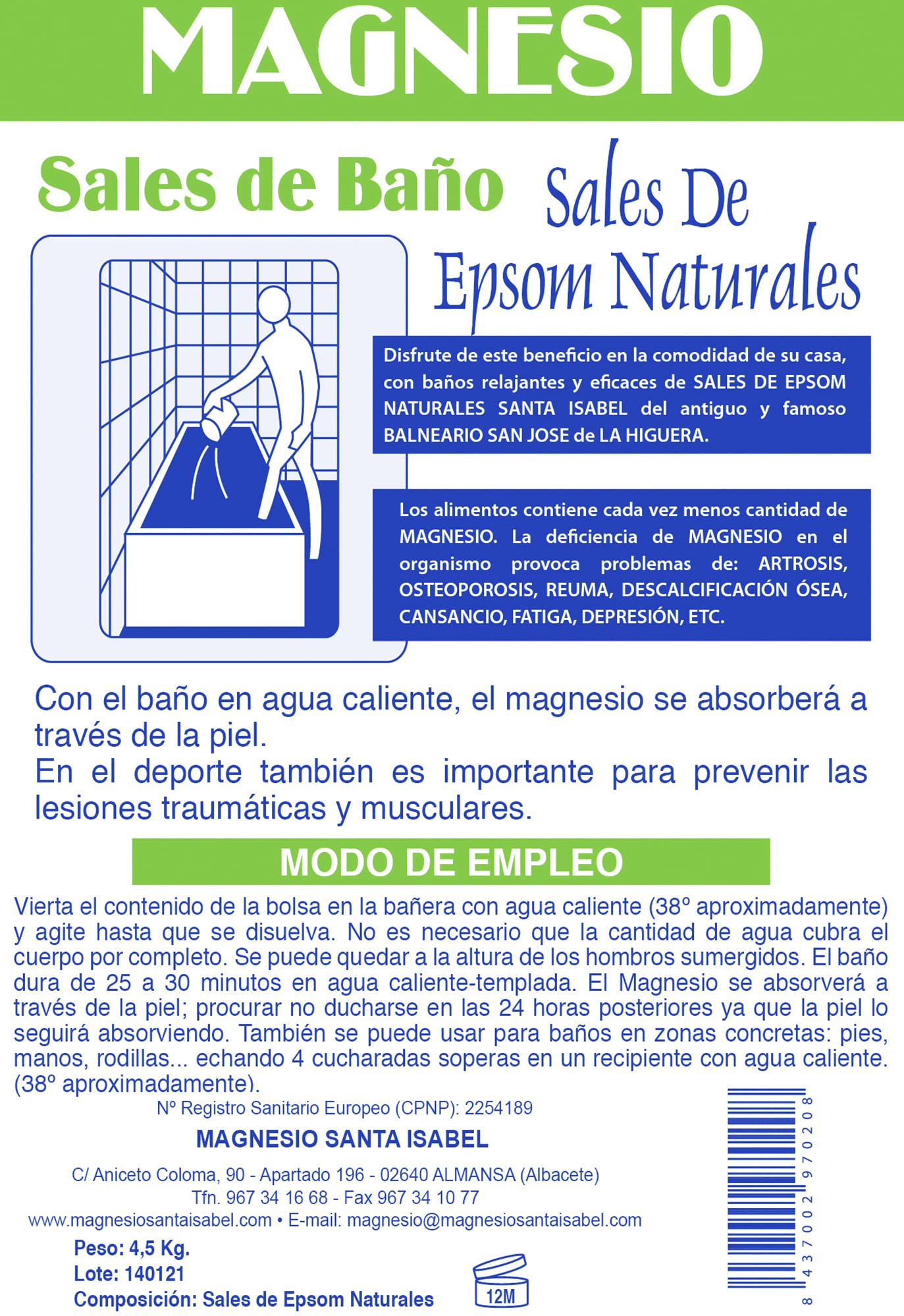 Sel d'Epsom Naturel 4,5 kg - Magnésium Santa Isabel. Sulfate de Magnésium Pur des Anciens Thermes de La Higuera - Sels de Bain Relaxants pour Bain de Pieds, Récupération Musculaire et Enveloppements