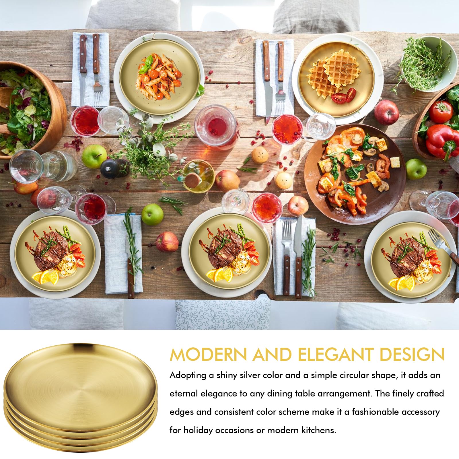 4 vassoi dorati rotondi: 23 cm 201 in acciaio inox 201, piatto decorativo oro, vassoio rotondo Go ld, piatto in metallo per cucina, ristorante, caffetteria, campeggio, cucina, feste