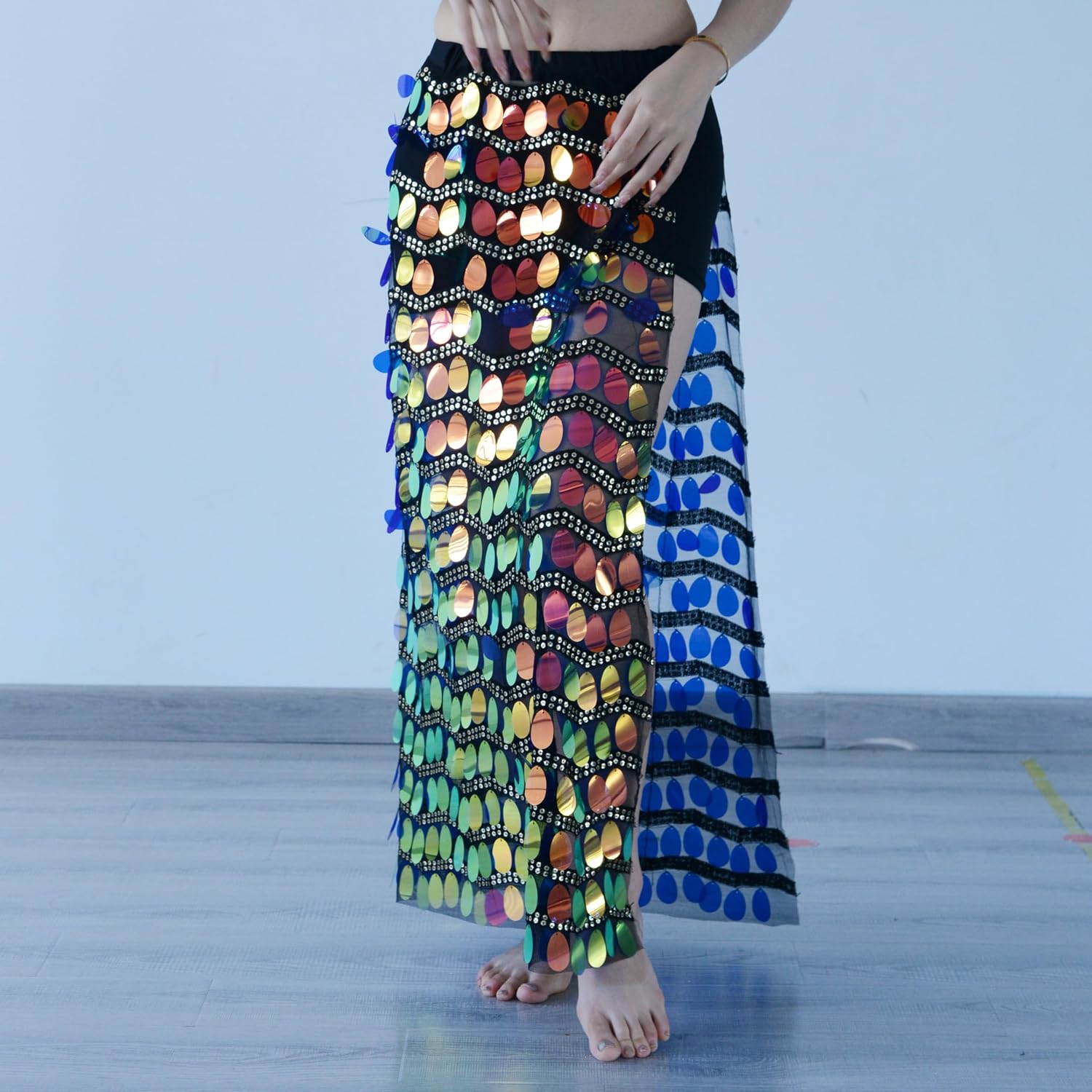 MUNAFIE Hip Scarf for Belly Dance Folk Dance Halloween Costume Tribal Dance Skirt with Sequin Tassel