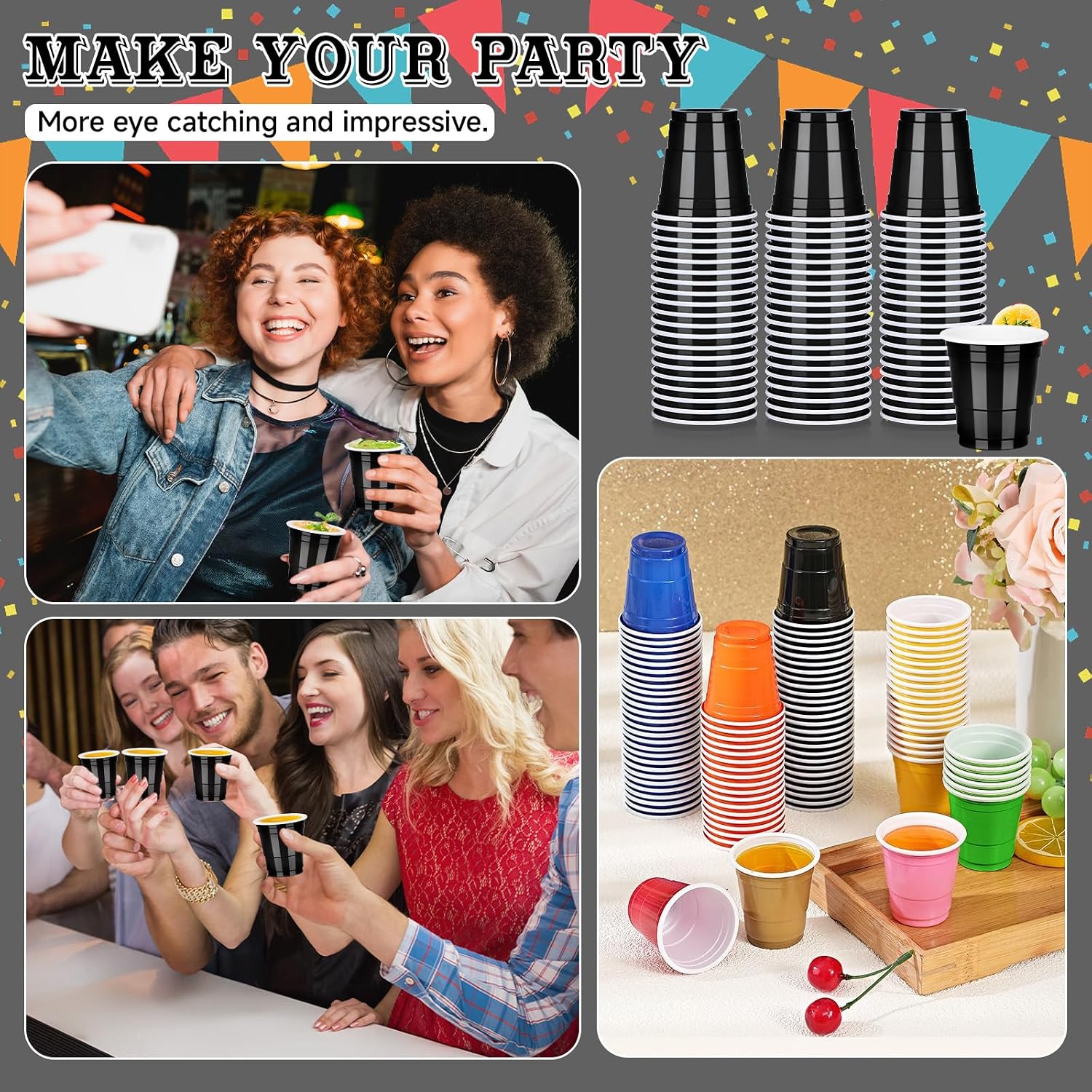 100 Pack 2oz Black Plastic Shot Glasses - Graduation Party Cups, Elegant Spring Celebration Disposable Cups for Easter, Mother's Day & Graduation Ceremonies
