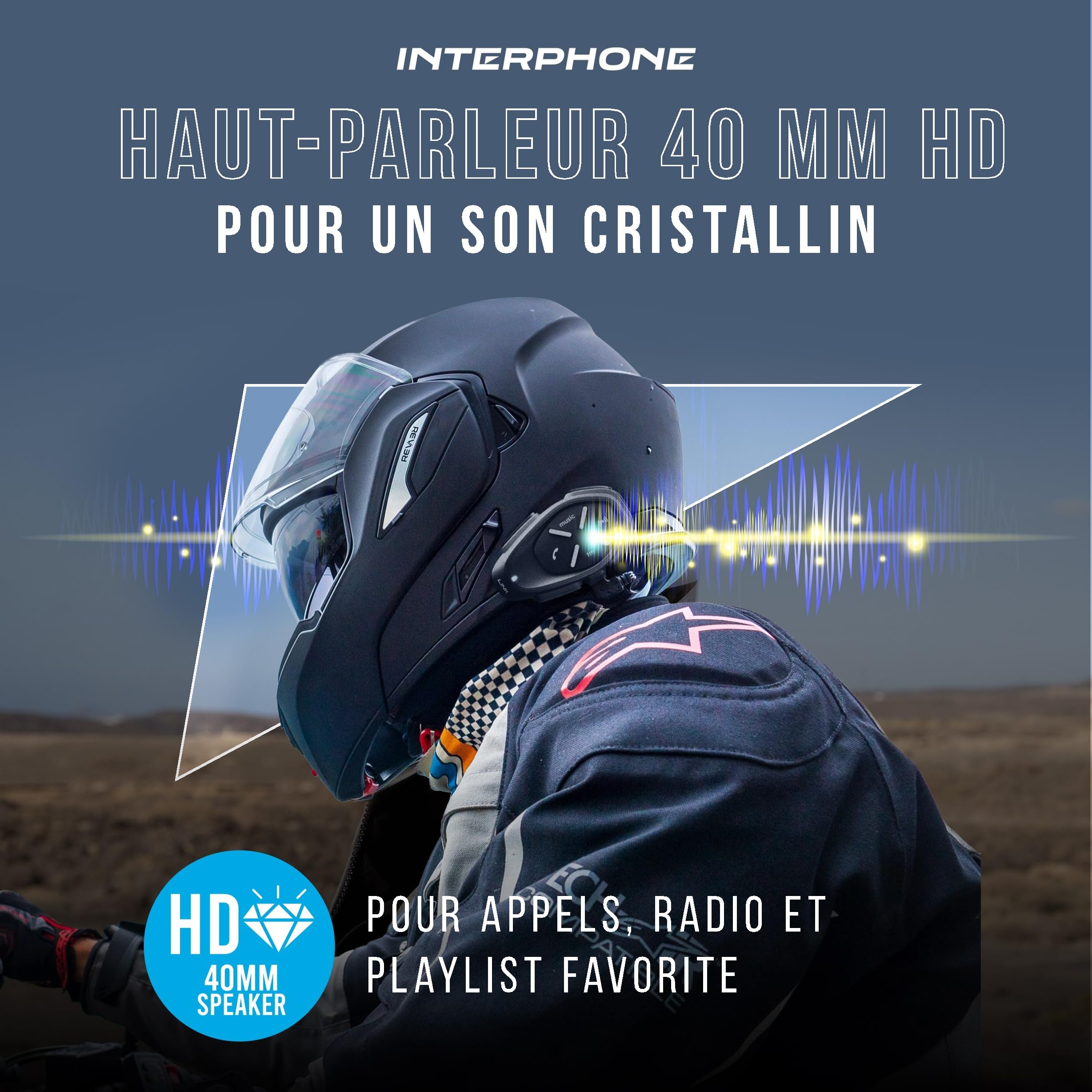 Interphone Intercom Link HD Mono – Intercom Moto pour Communication Pilote-Passager, Entre Pilotes ou Motos jusqu'à 300 m – avec Bluetooth 4.2 pour GPS et appels – Autonomie 20 h et étanchéité IP67